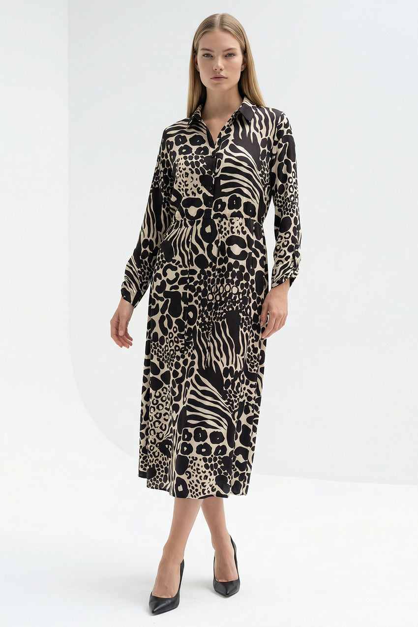 Tie Waist Printed Midi Dress – BLACK