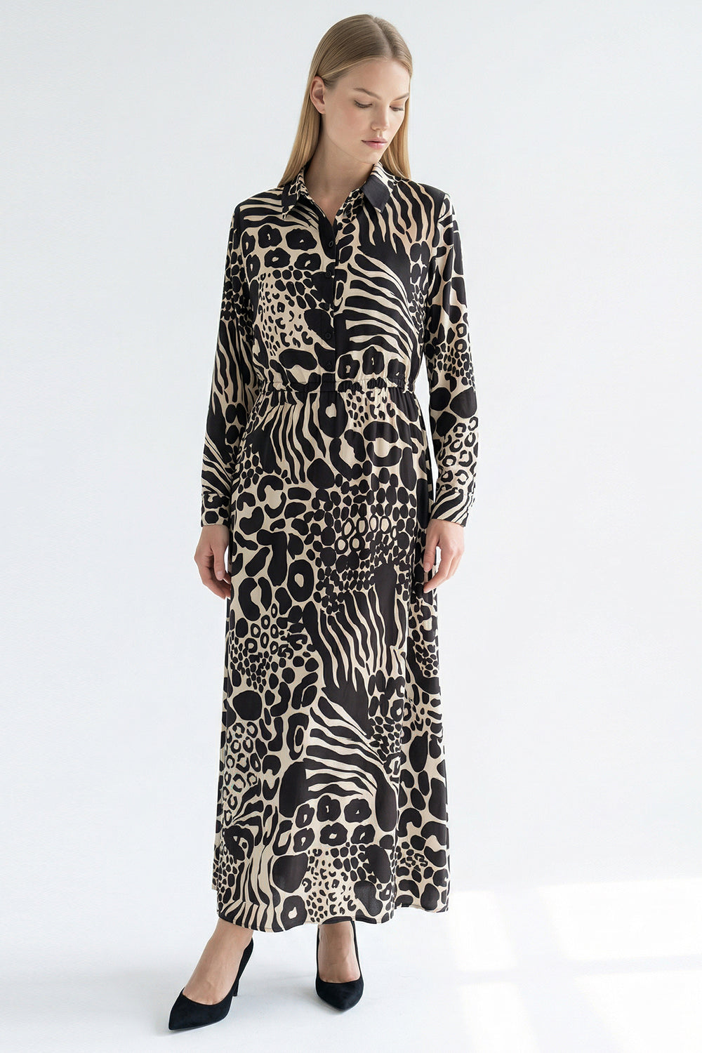 Tie Waist Printed Midi Dress – BLACK