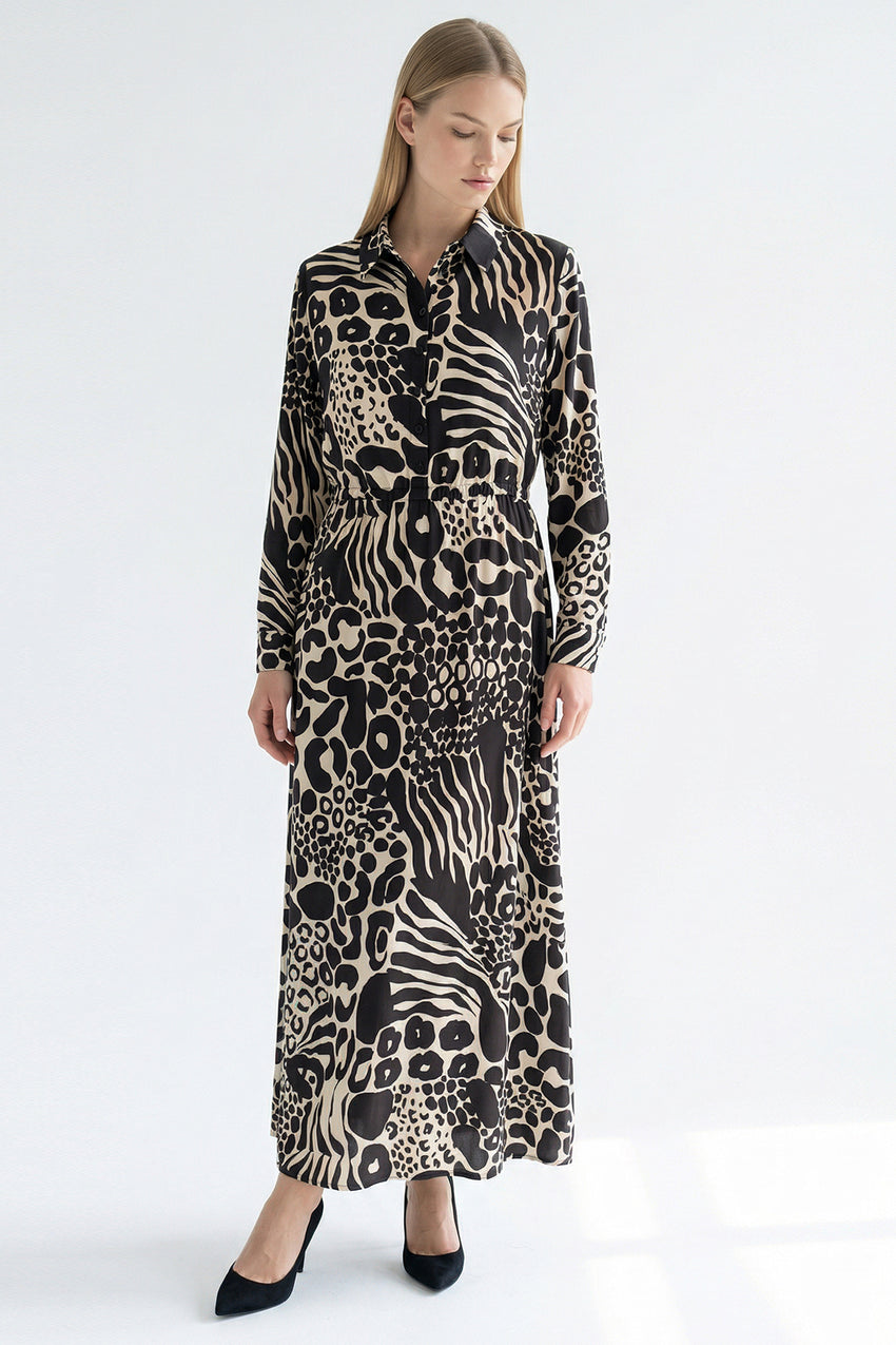 Tie Waist Printed Midi Dress – BLACK