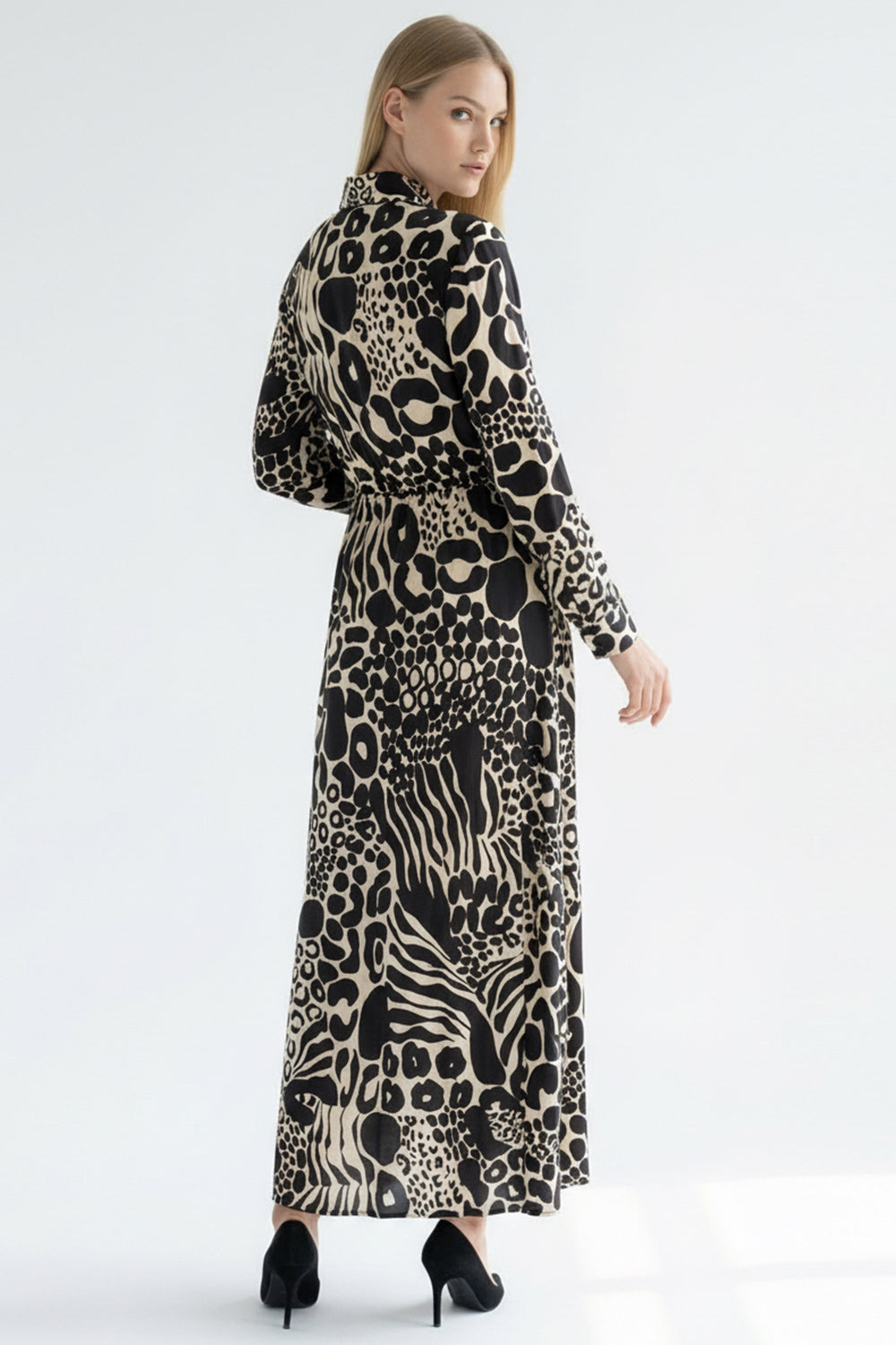 Tie Waist Printed Midi Dress – BLACK