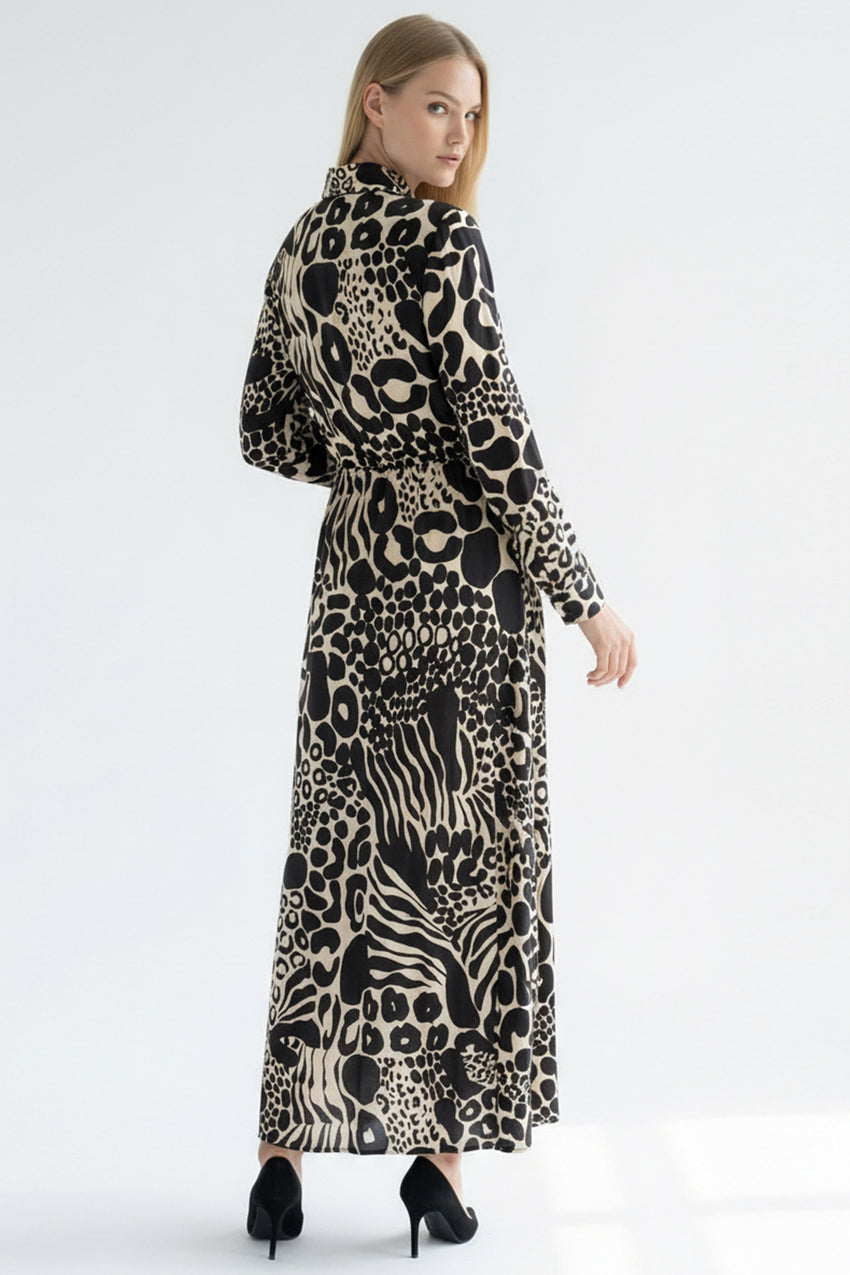 Tie Waist Printed Midi Dress – BLACK