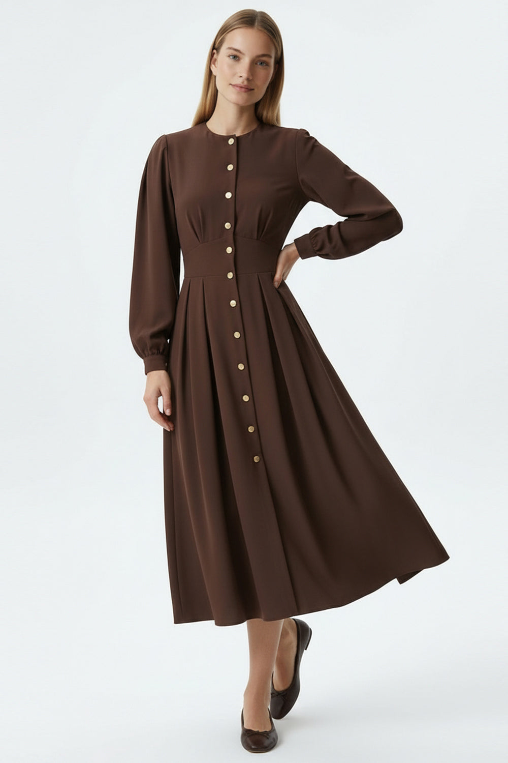 Nori Long Sleeve Midi Dress – BROWN