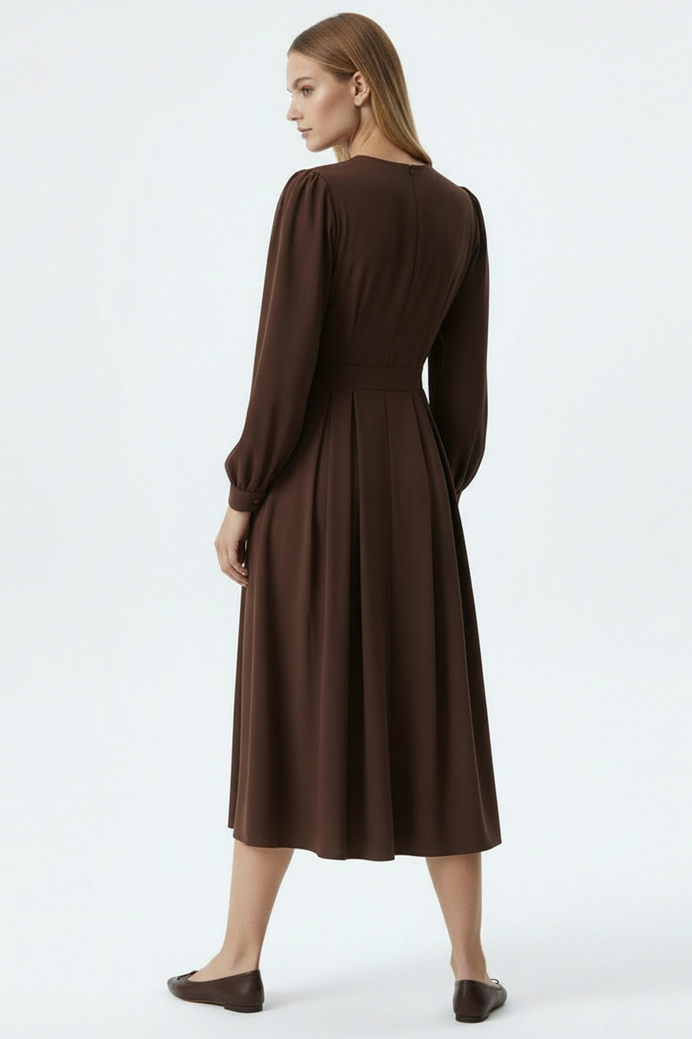 Nori Long Sleeve Midi Dress – BROWN