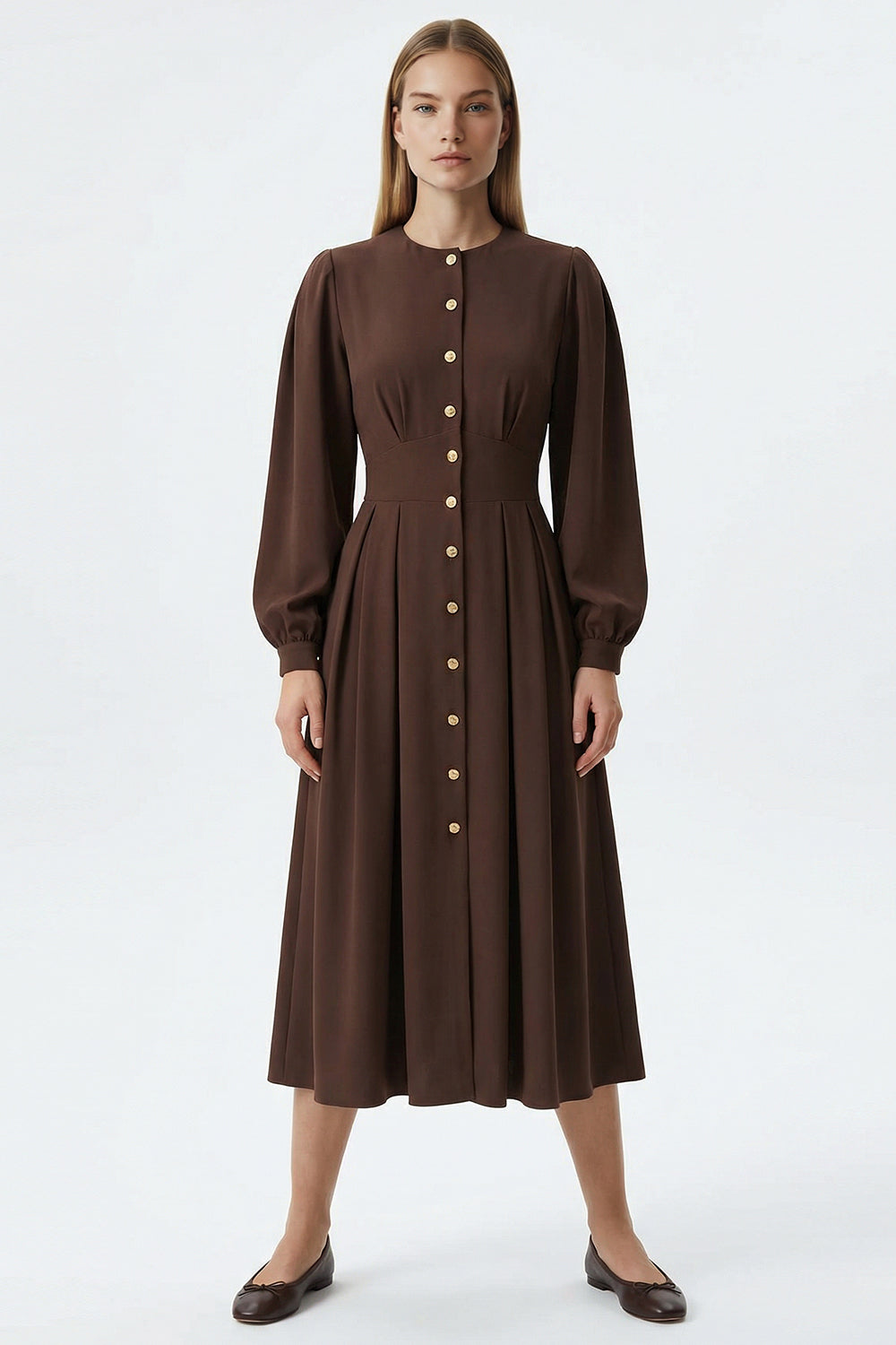 Nori Long Sleeve Midi Dress – BROWN