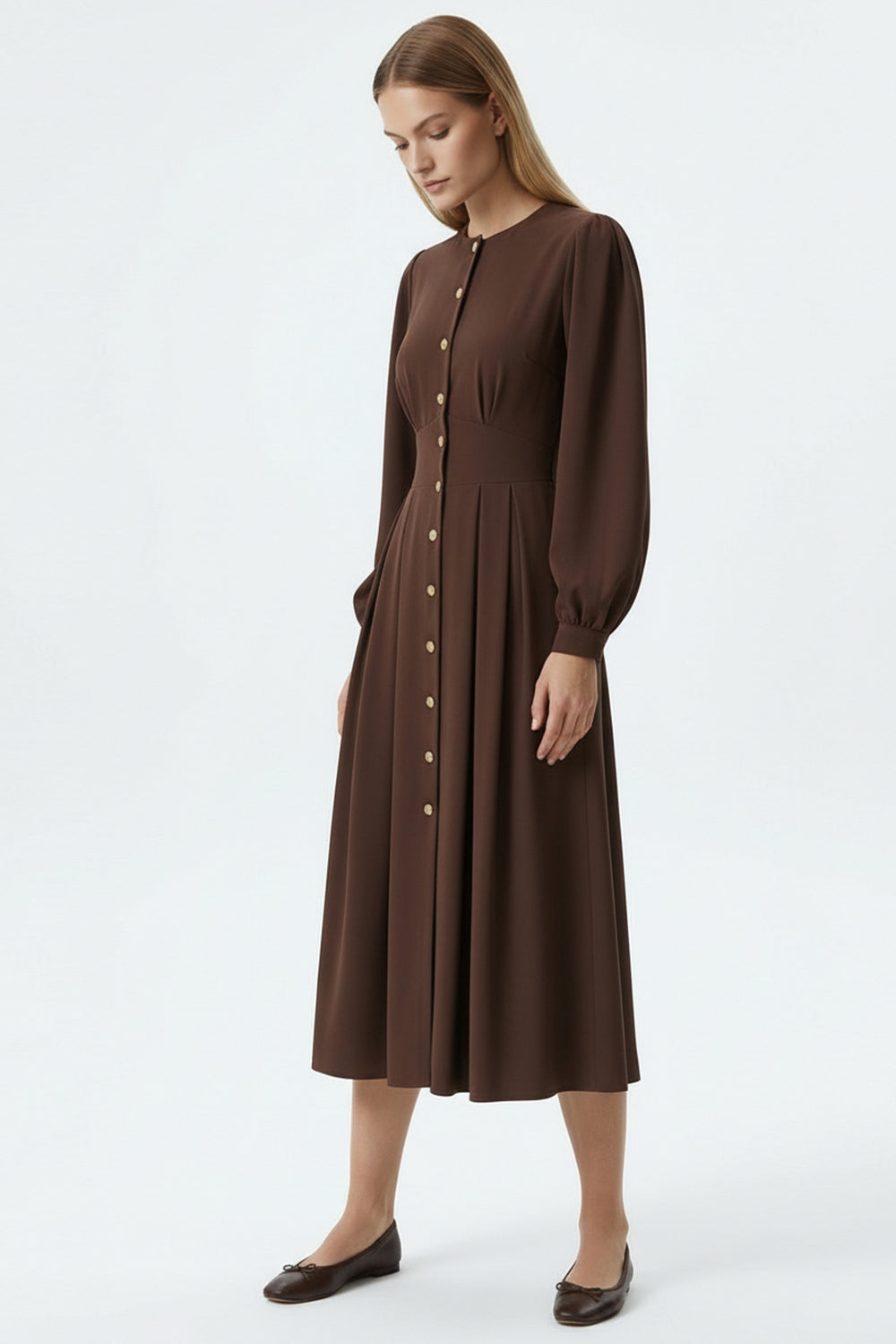 Nori Long Sleeve Midi Dress – BROWN