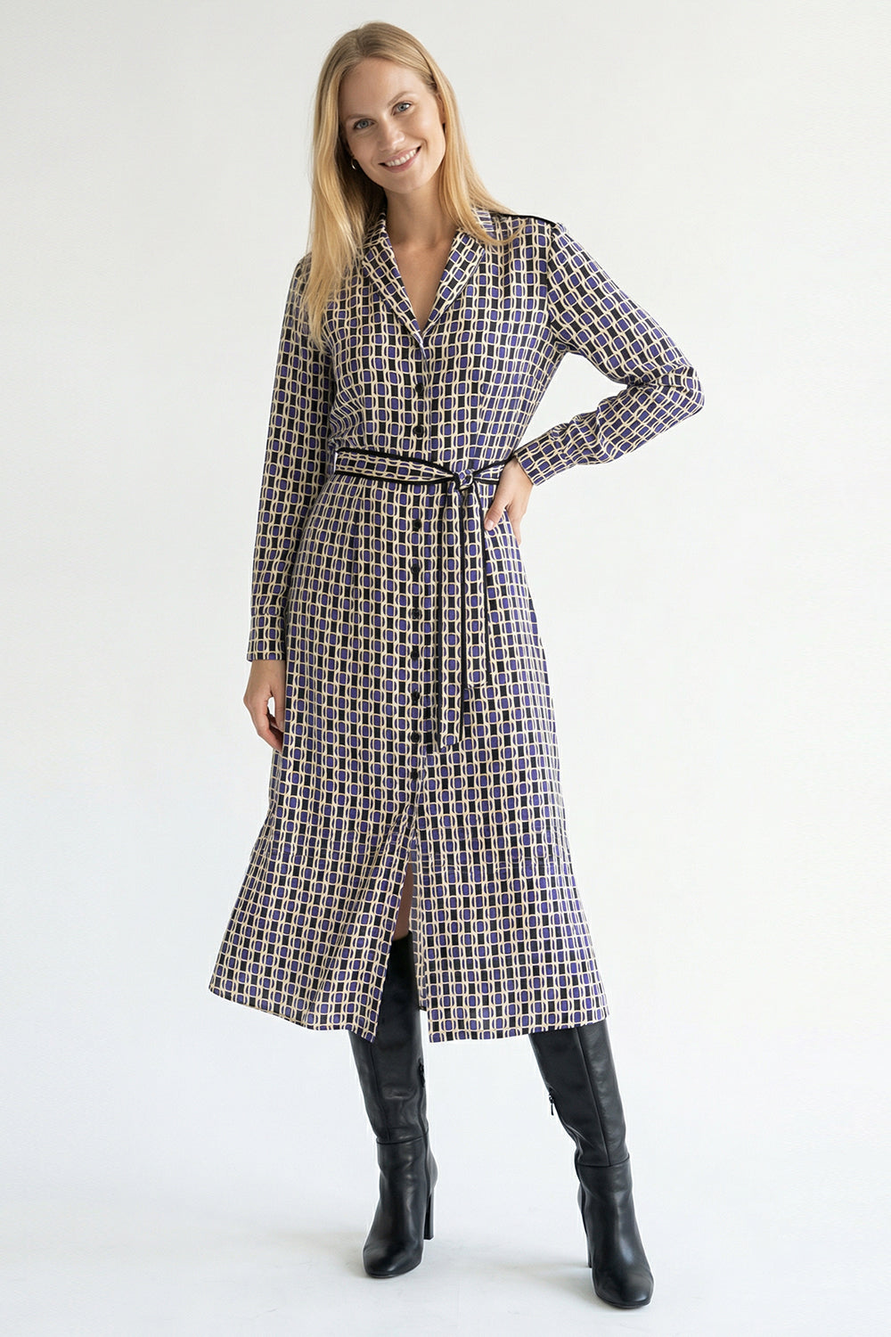 Long Sleeve Geometric Print Midi Shirt Dress with Waist Detail – MULTICOLOR