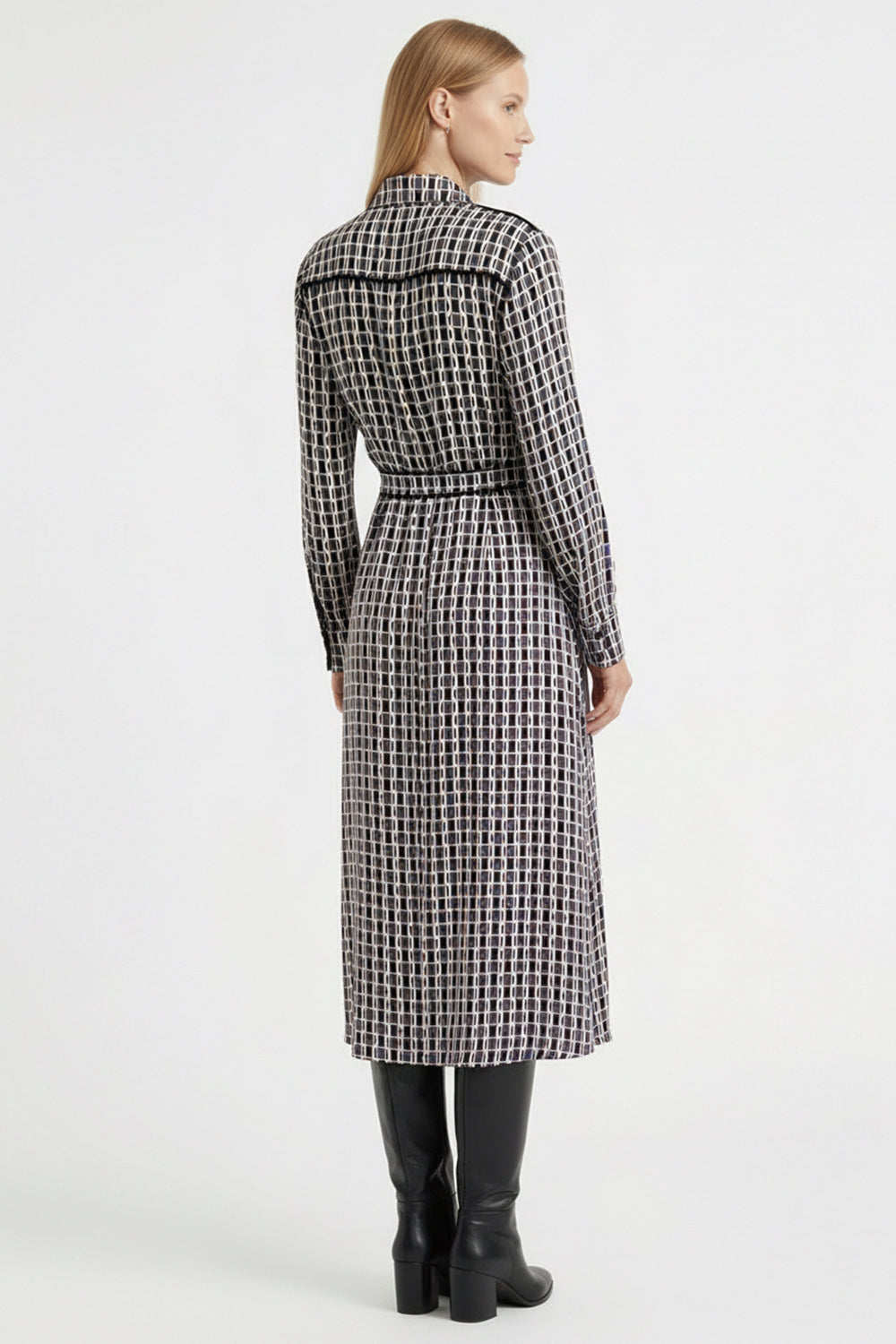 Long Sleeve Geometric Print Midi Shirt Dress with Waist Detail – MULTICOLOR