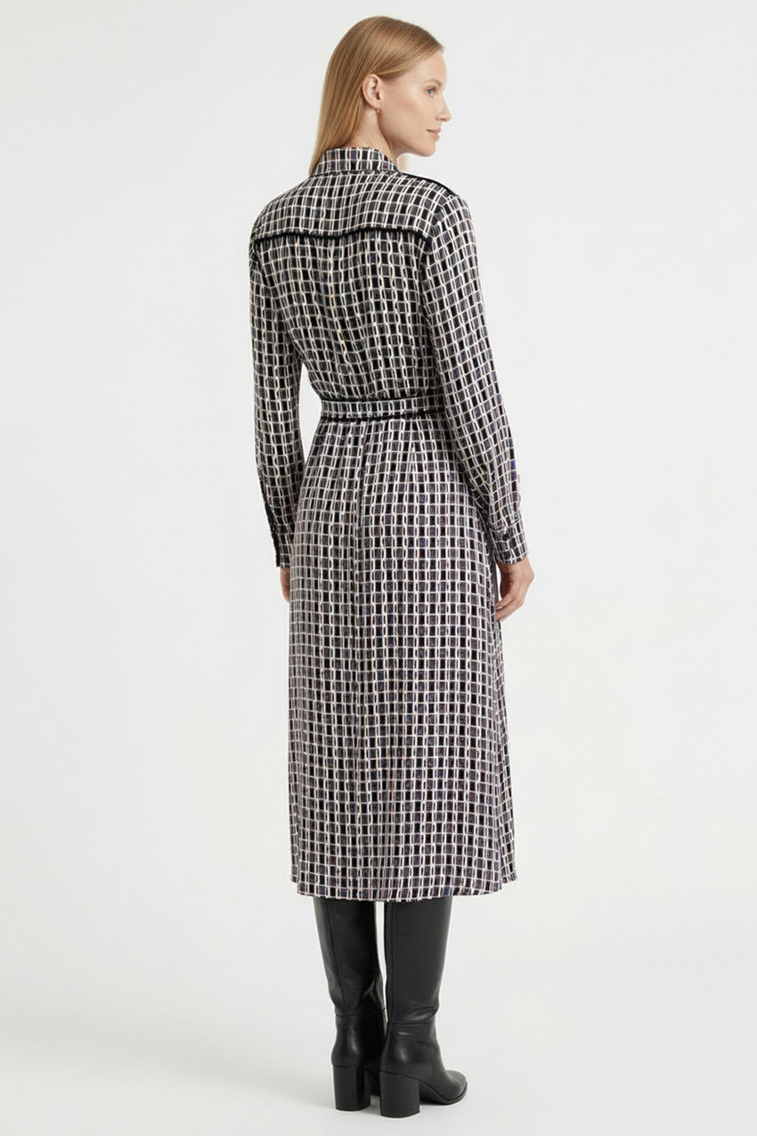 Long Sleeve Geometric Print Midi Shirt Dress with Waist Detail – MULTICOLOR