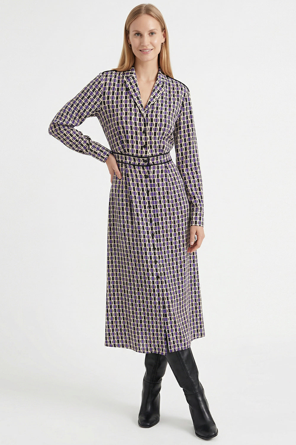Long Sleeve Geometric Print Midi Shirt Dress with Waist Detail – MULTICOLOR