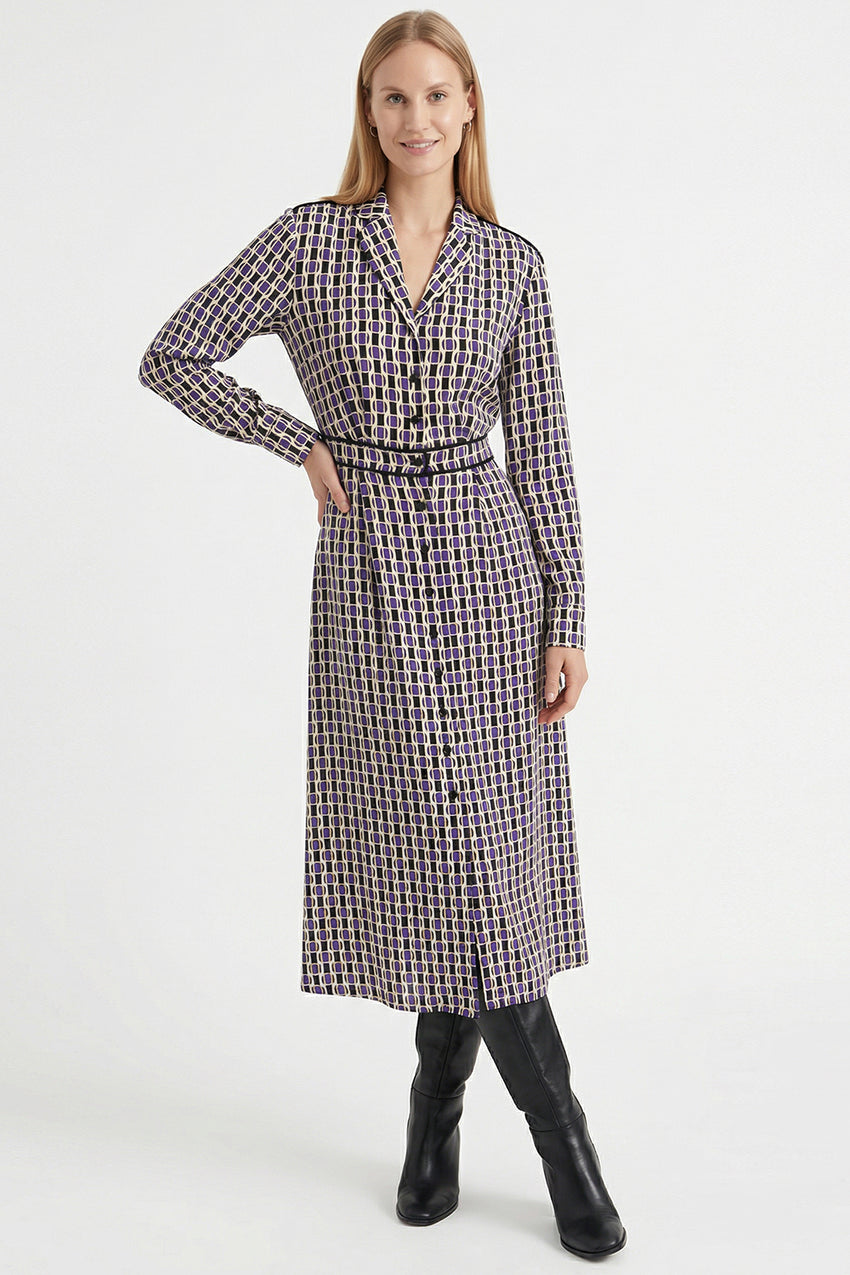 Long Sleeve Geometric Print Midi Shirt Dress with Waist Detail – MULTICOLOR