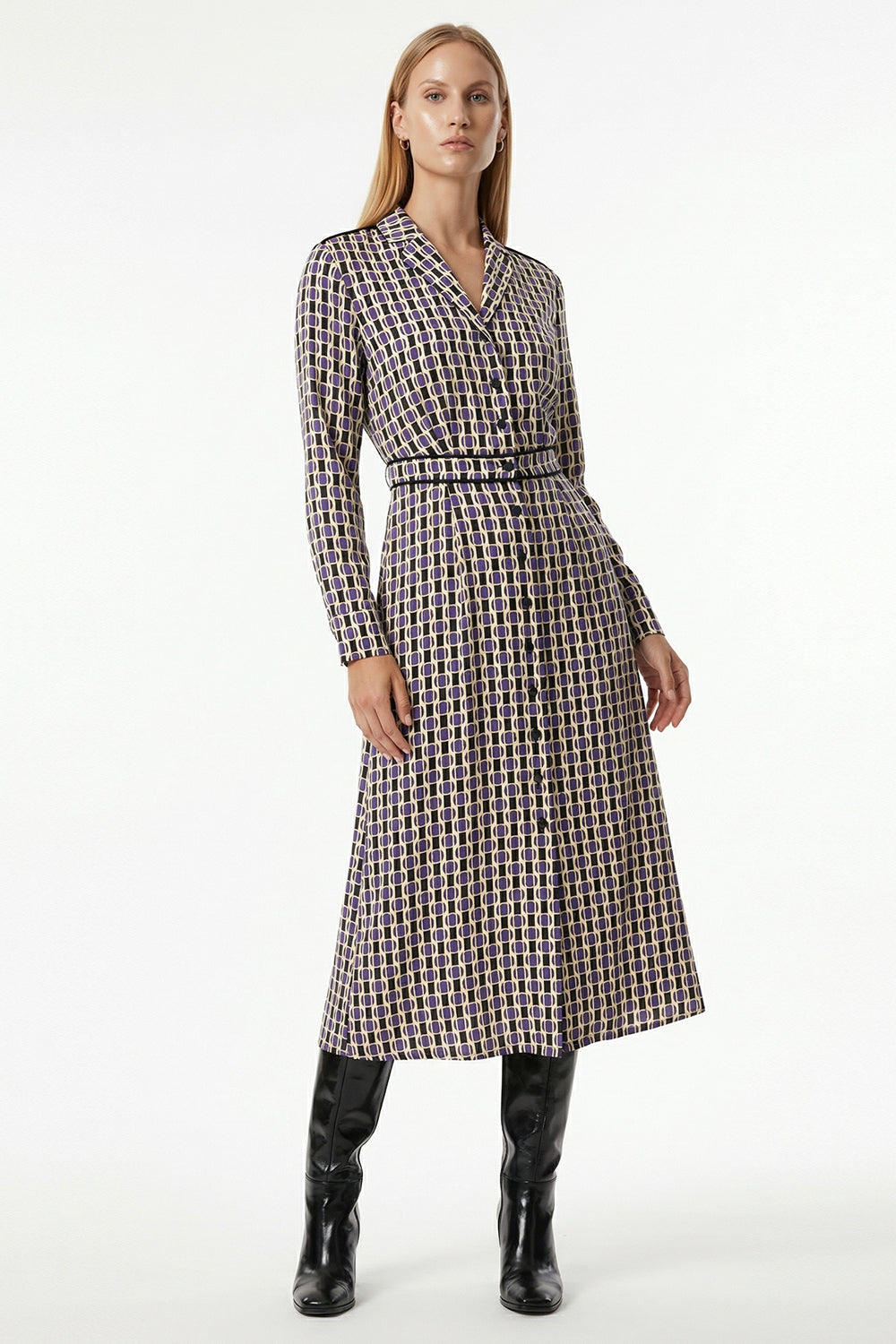 Long Sleeve Geometric Print Midi Shirt Dress with Waist Detail – MULTICOLOR