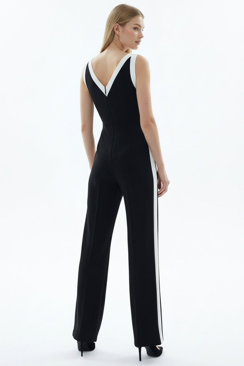 V-Neck Sleeveless Regular Fit Jumpsuit with White Stripes – Black
