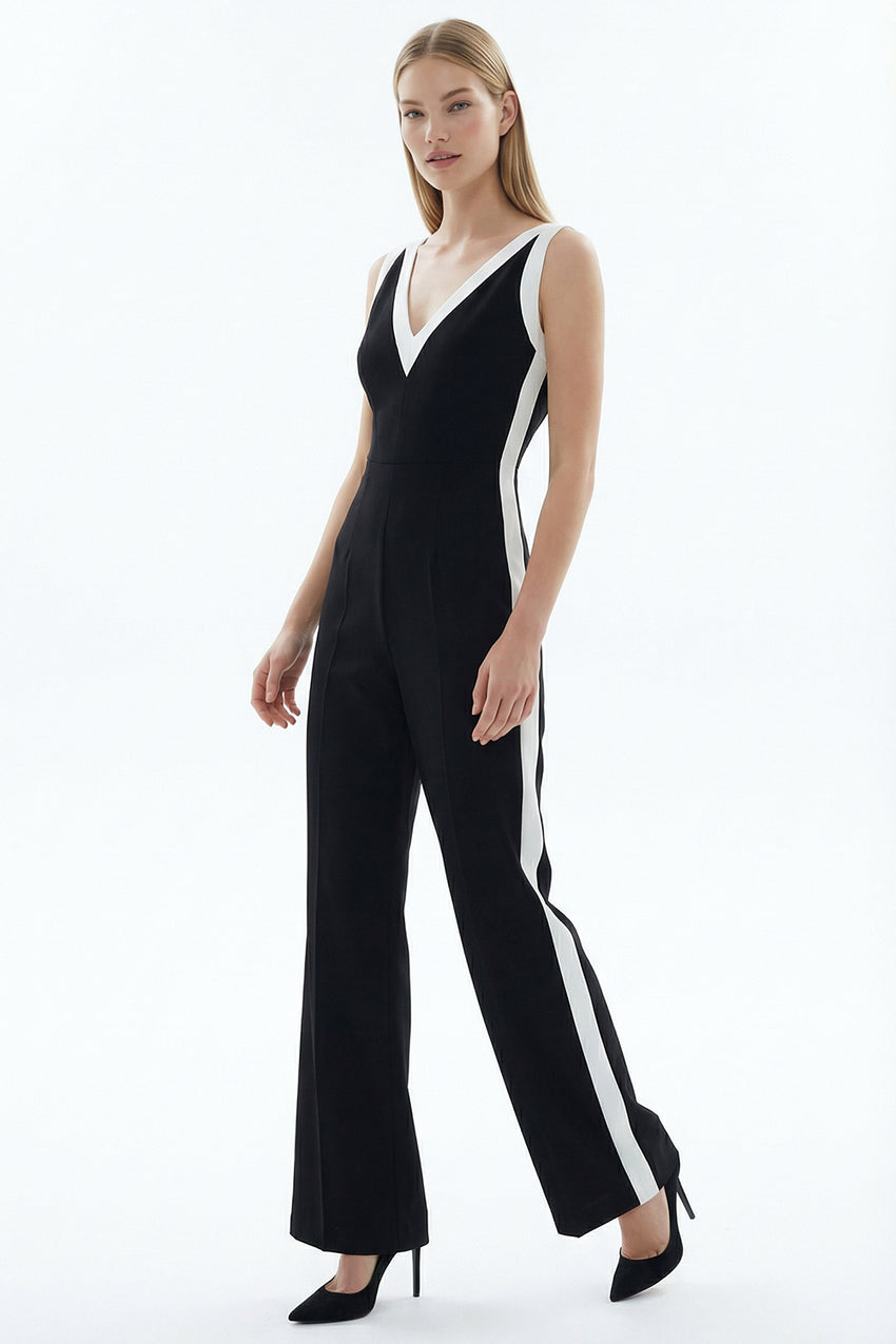 V-Neck Sleeveless Regular Fit Jumpsuit with White Stripes – Black