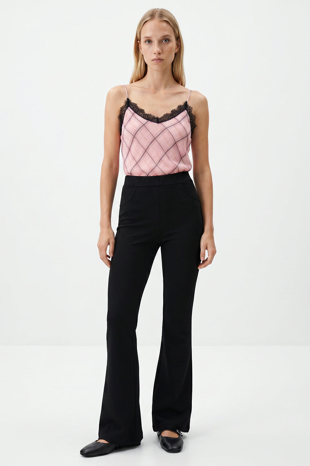 High-Waisted Flared Knit Trousers - BLACK