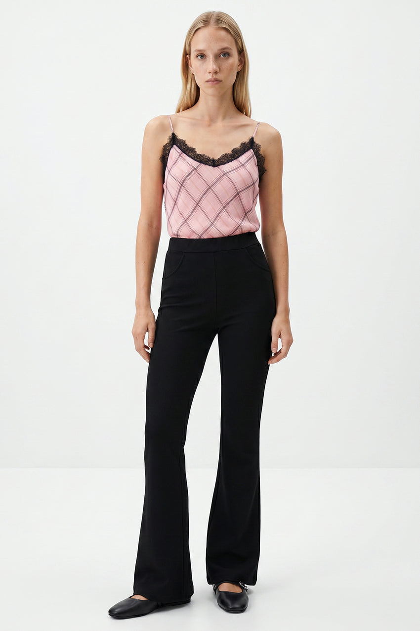 High-Waisted Flared Knit Trousers - BLACK