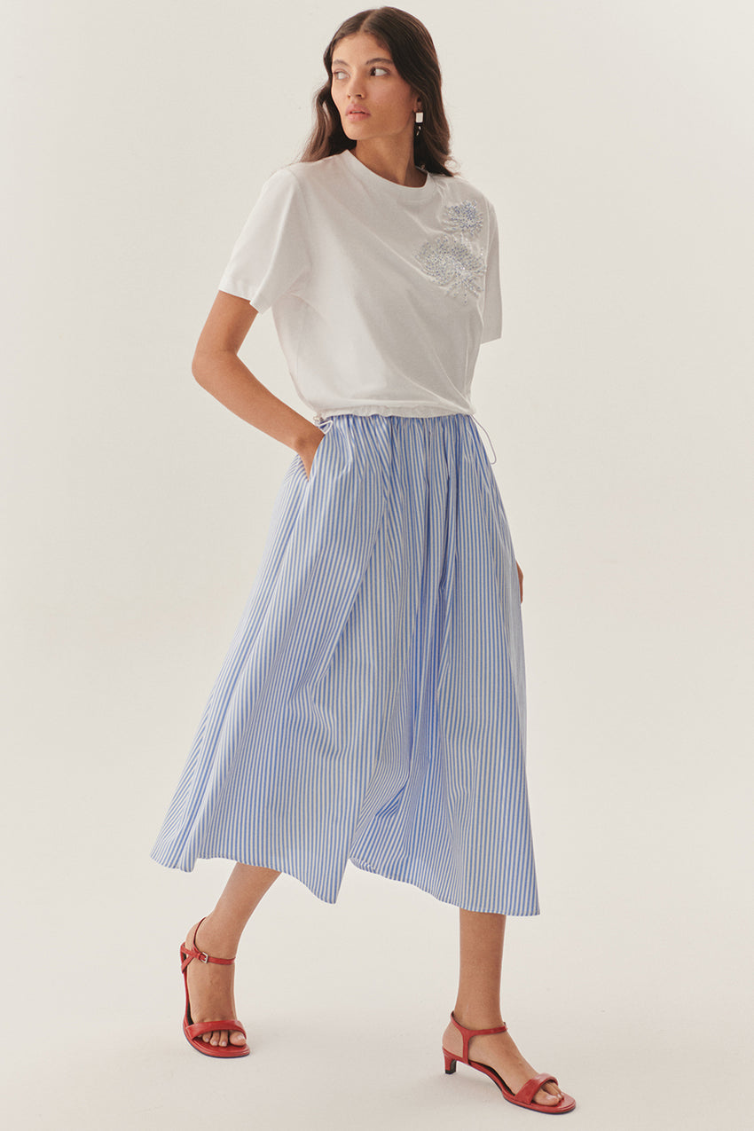 Crew Neck Short Sleeve Embroidered Midi Dress - BLUE