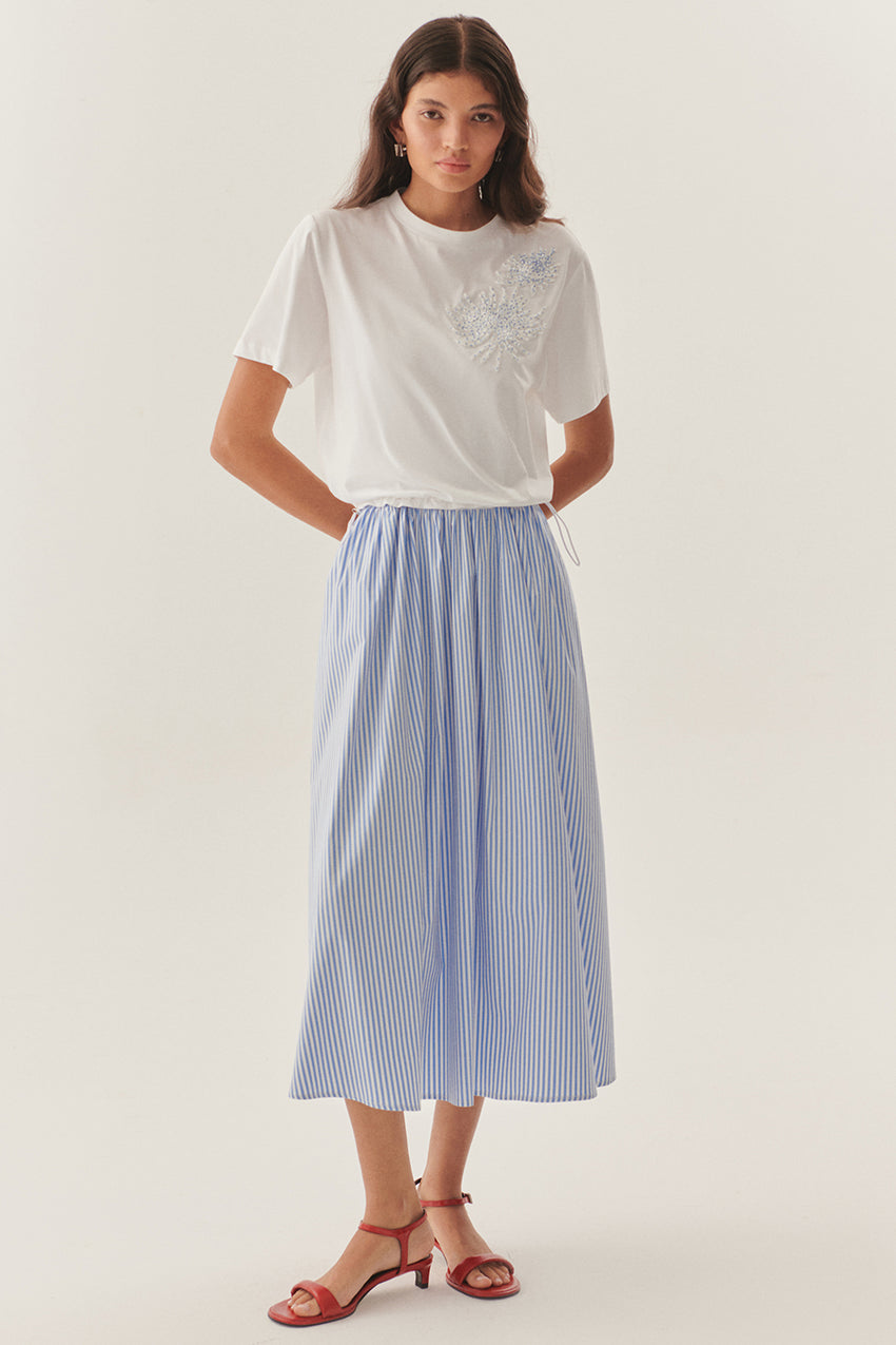 Crew Neck Short Sleeve Embroidered Midi Dress - BLUE