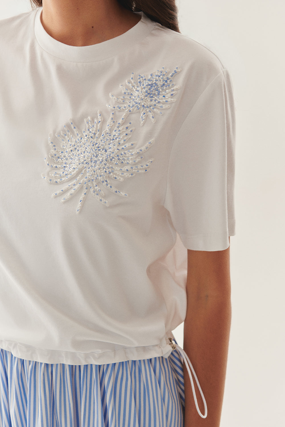 Crew Neck Short Sleeve Embroidered Midi Dress - BLUE