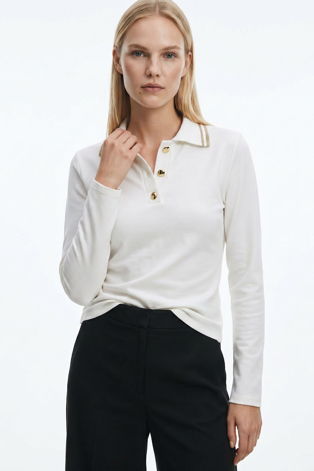 Polo Neck Long Sleeve Knitted T Shirt - ECRU