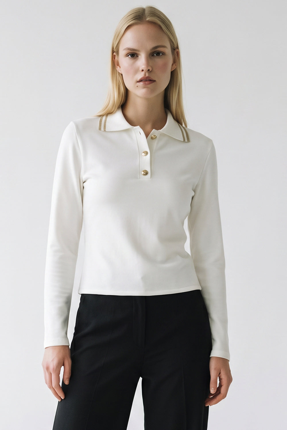 Polo Neck Long Sleeve Knitted T Shirt - ECRU
