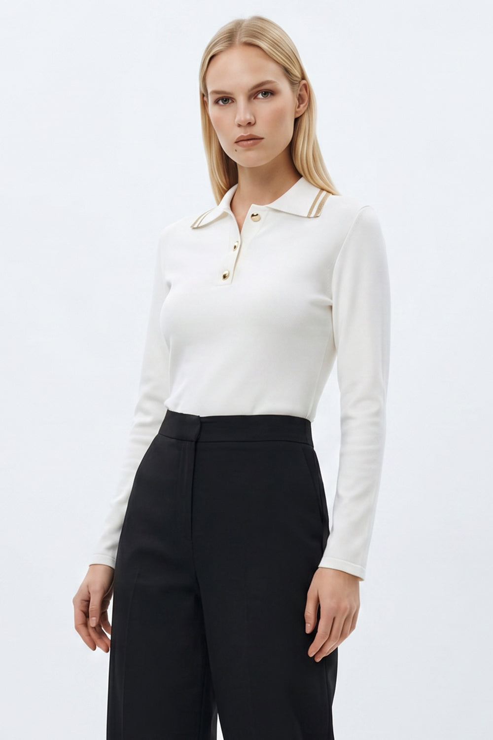Polo Neck Long Sleeve Knitted T Shirt - ECRU