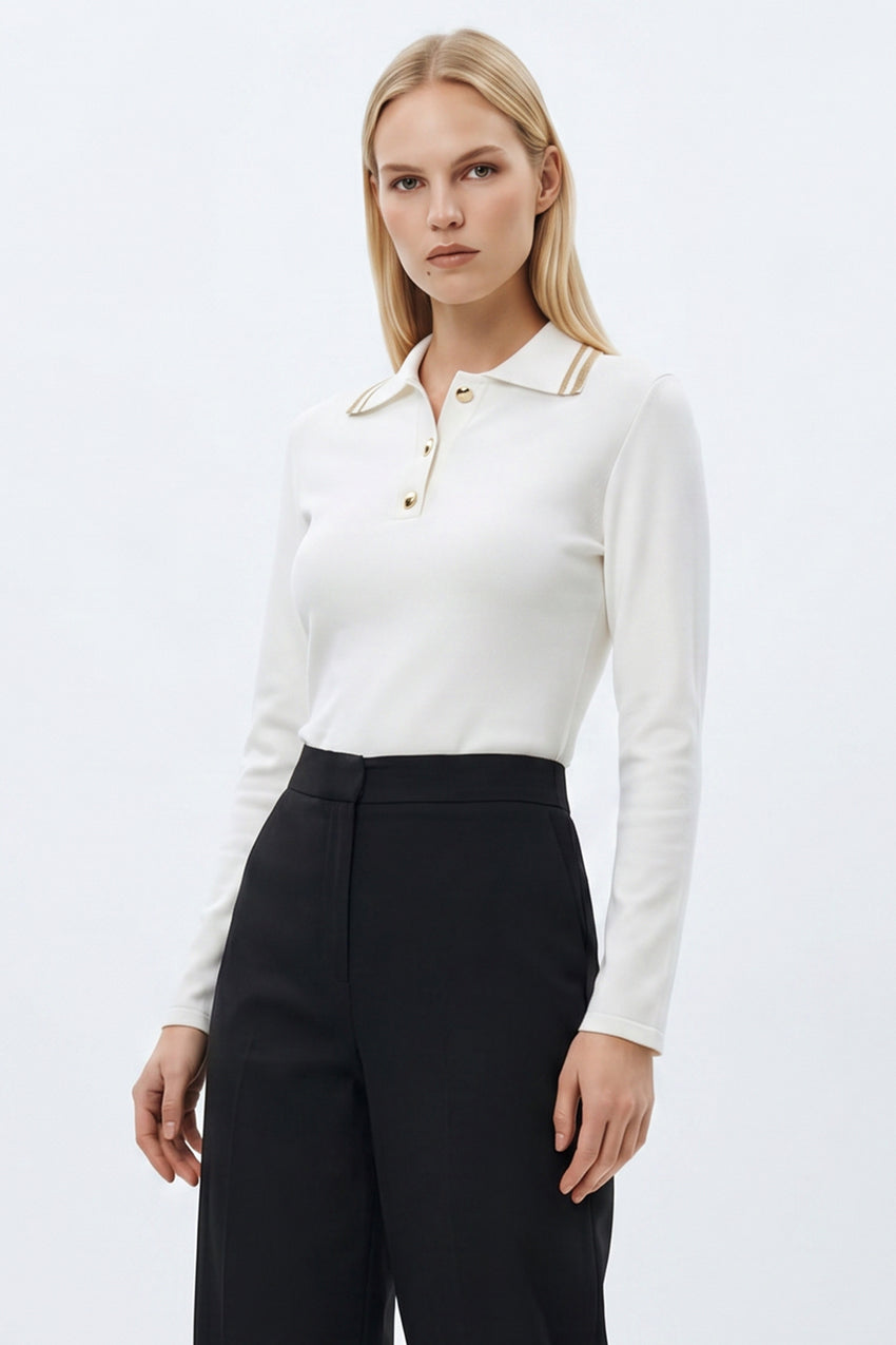 Polo Neck Long Sleeve Knitted T Shirt - ECRU