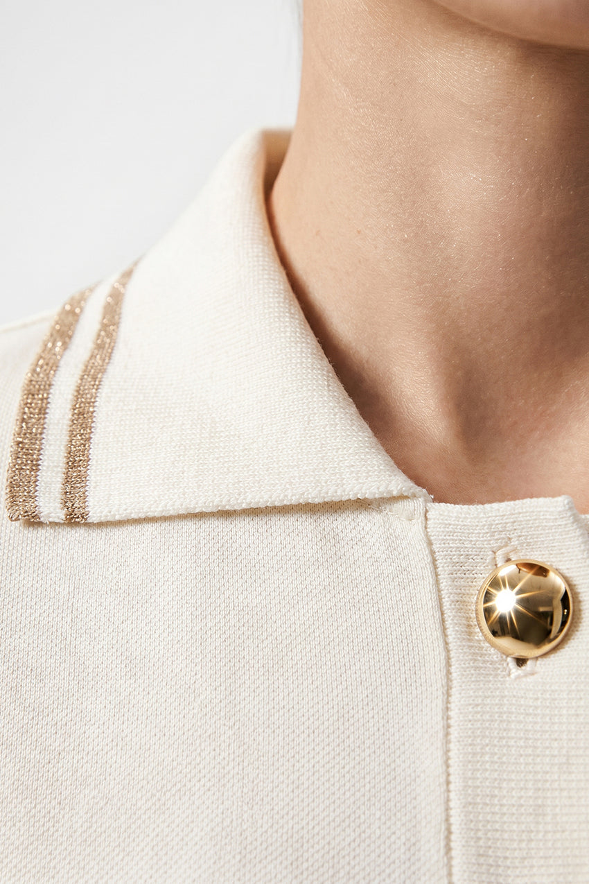 Polo Neck Long Sleeve Knitted T Shirt - ECRU