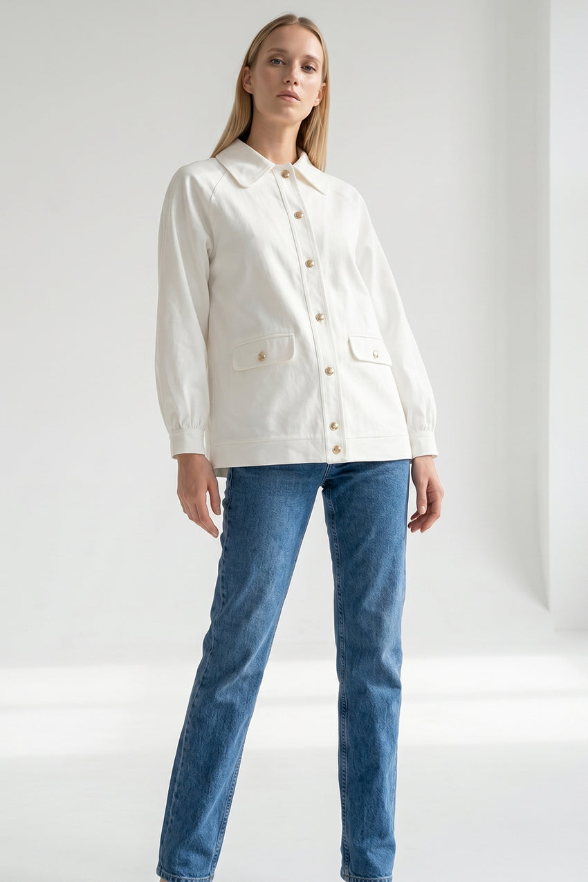 Delancy Shirt Collar Long Sleeve Jacket - Ecru