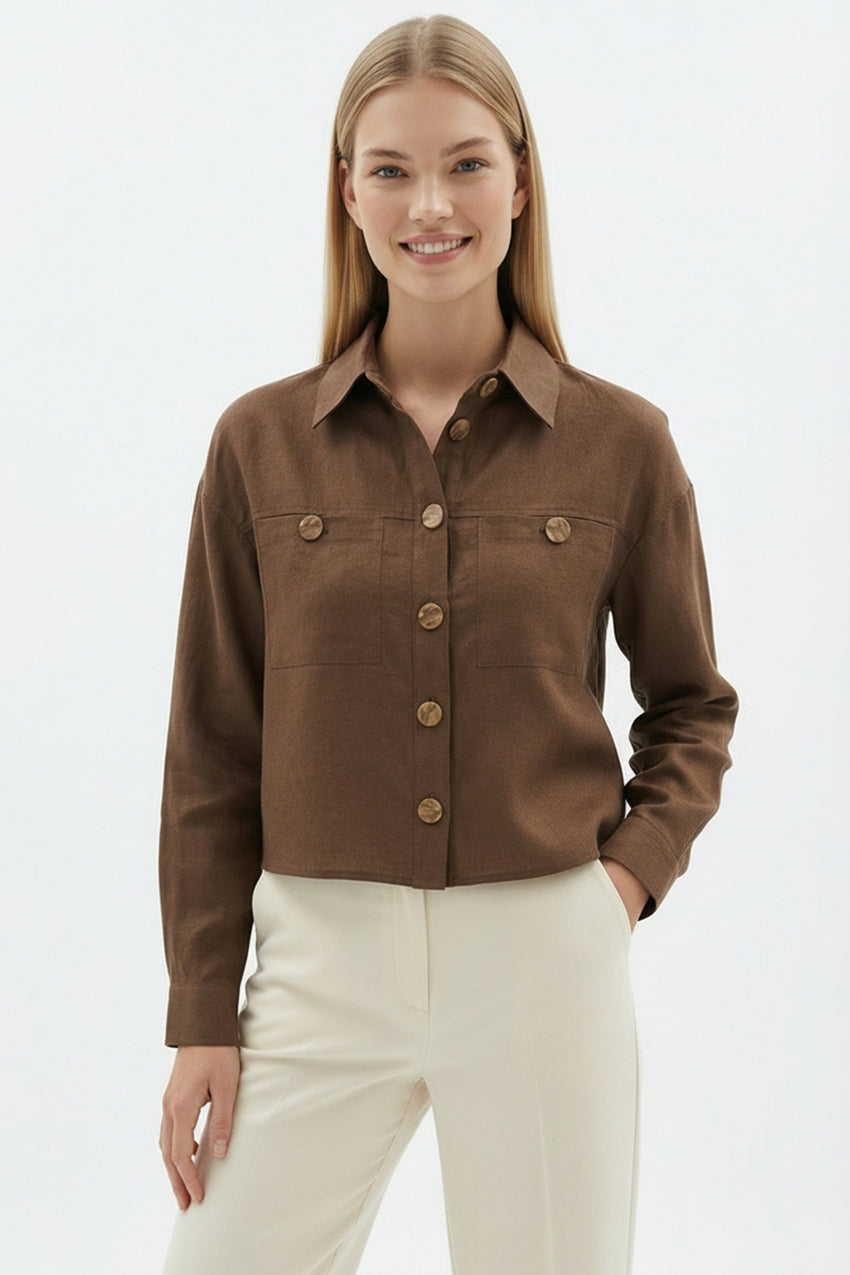 Shirt Collar Long Sleeve Pocket Regular Linen Crop Jacket - BROWN