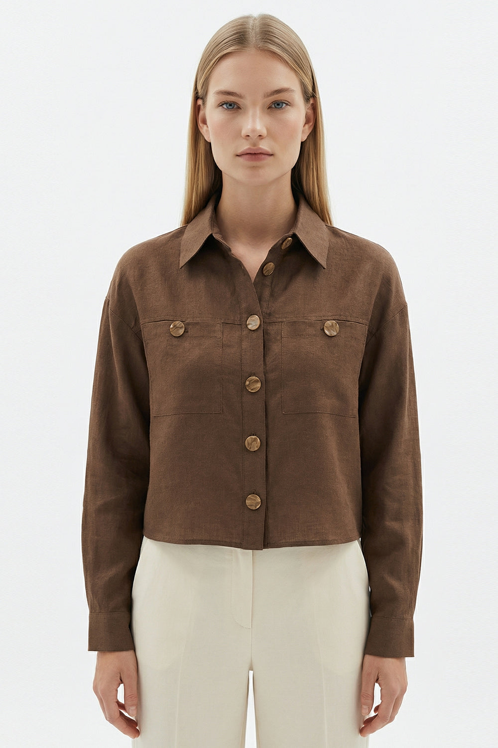 Shirt Collar Long Sleeve Pocket Regular Linen Crop Jacket - BROWN