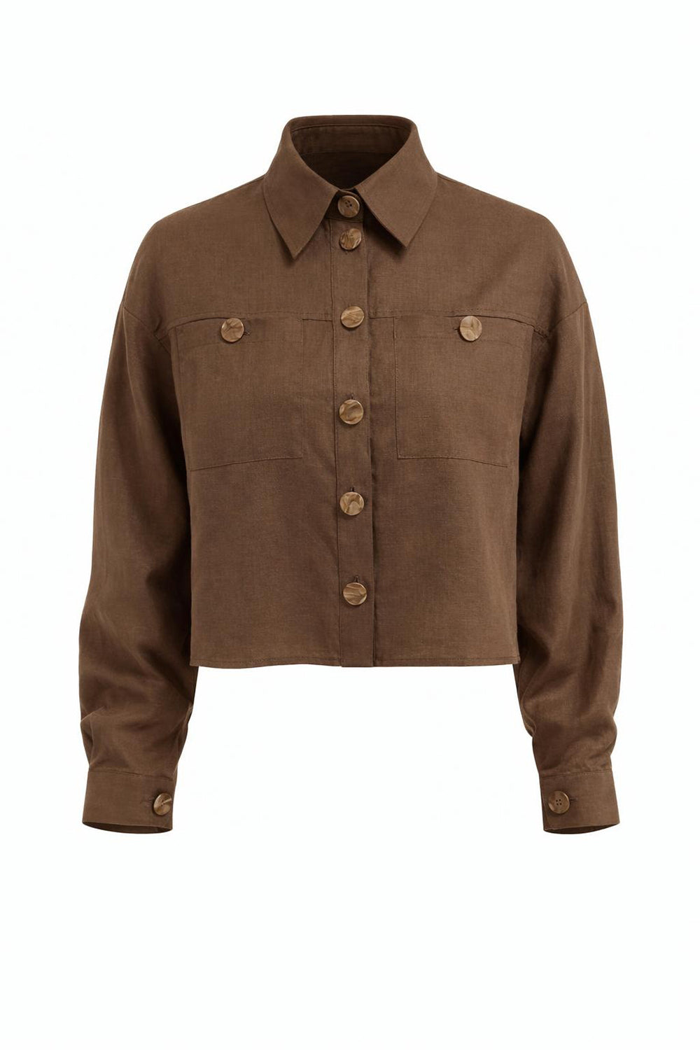 Shirt Collar Long Sleeve Pocket Regular Linen Crop Jacket - BROWN