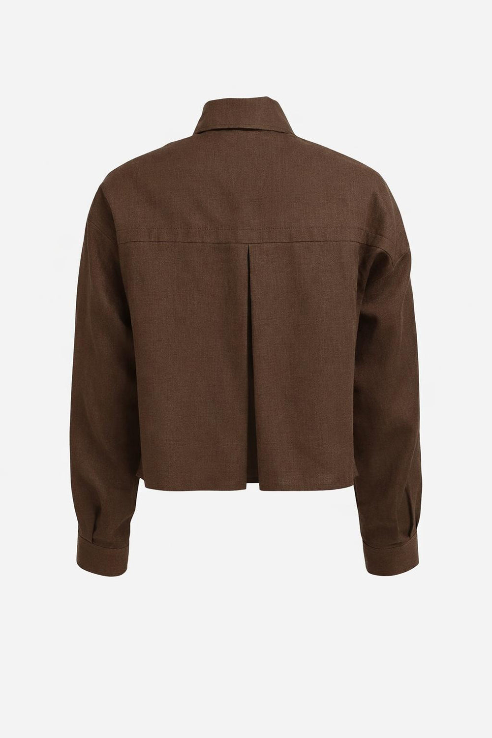 Shirt Collar Long Sleeve Pocket Regular Linen Crop Jacket - BROWN