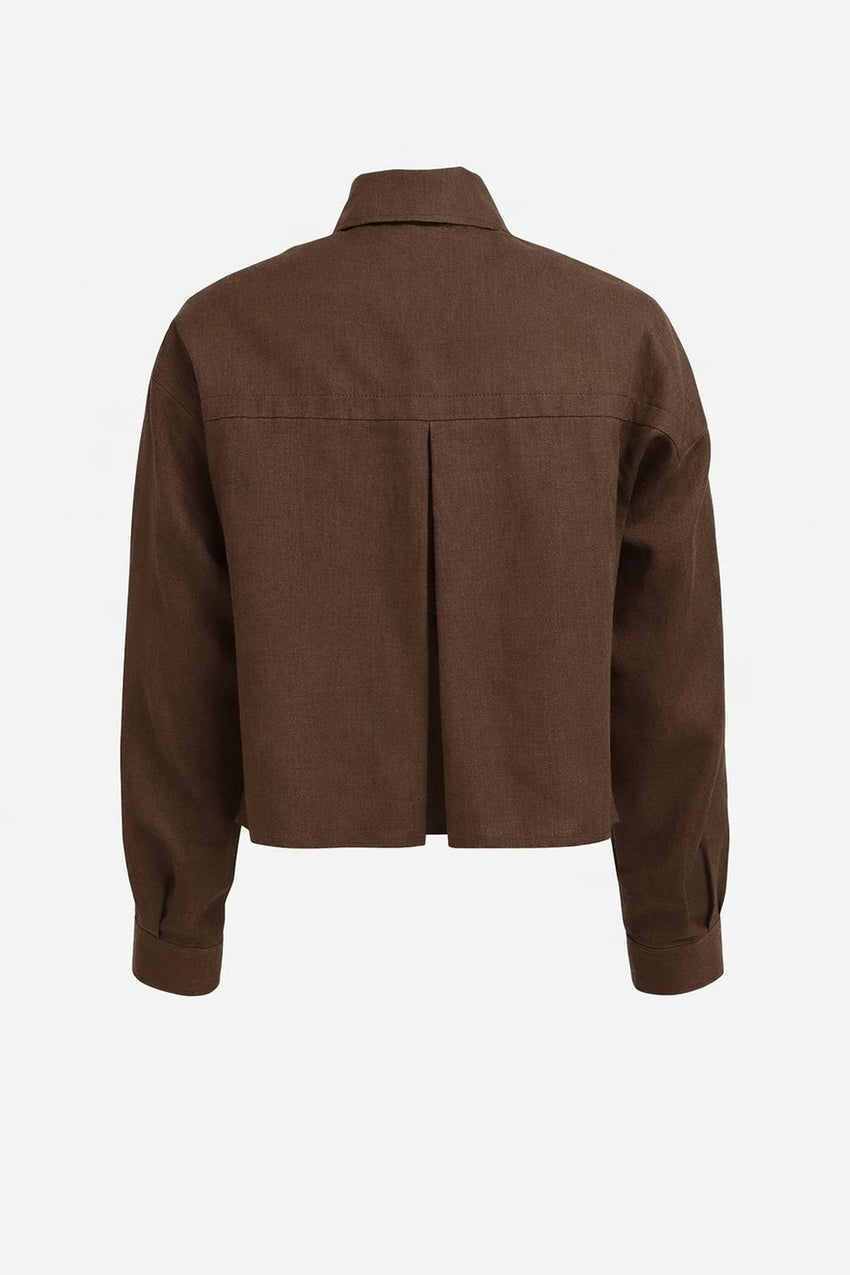 Shirt Collar Long Sleeve Pocket Regular Linen Crop Jacket - BROWN