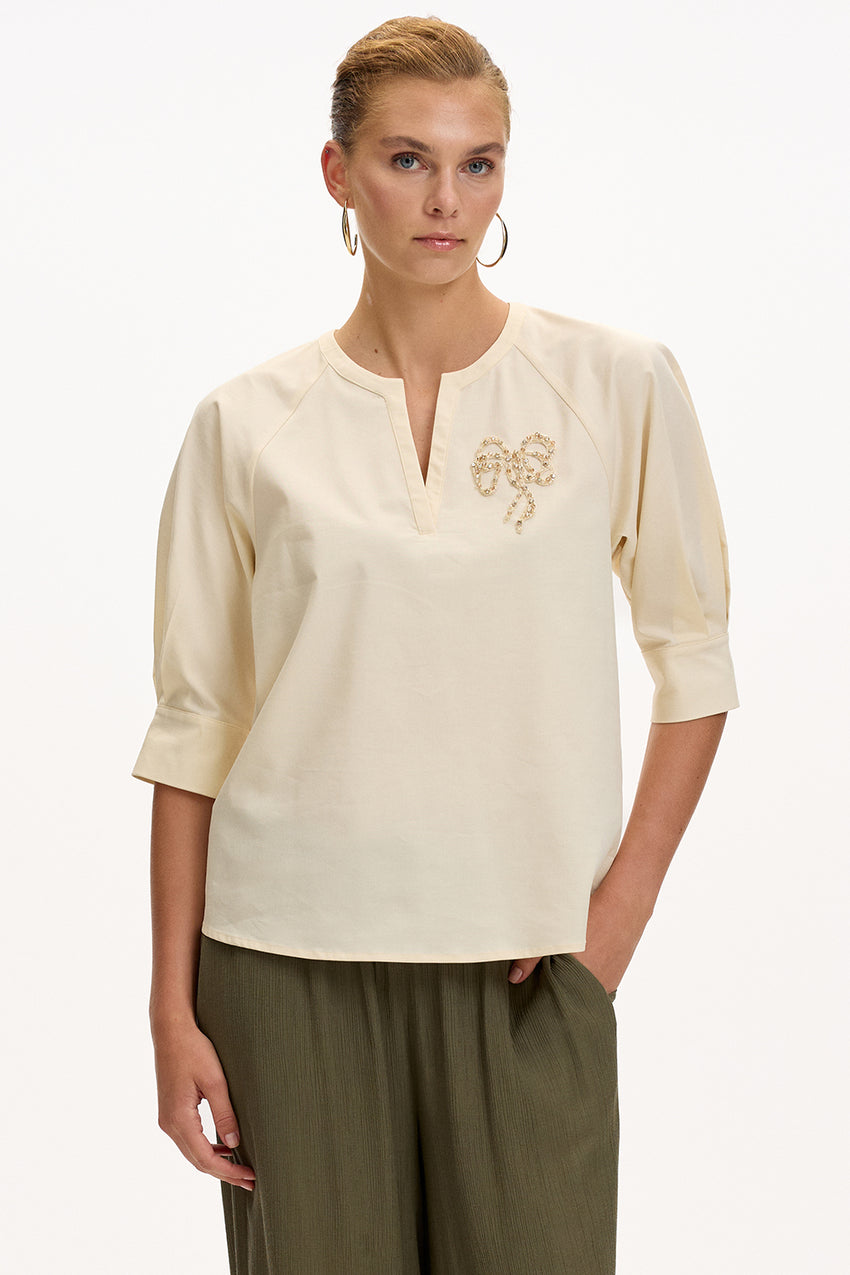 Katharine V-Neck Short Sleeve Blouse - CREAM