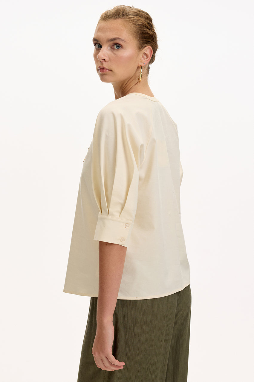 Katharine V-Neck Short Sleeve Blouse - CREAM