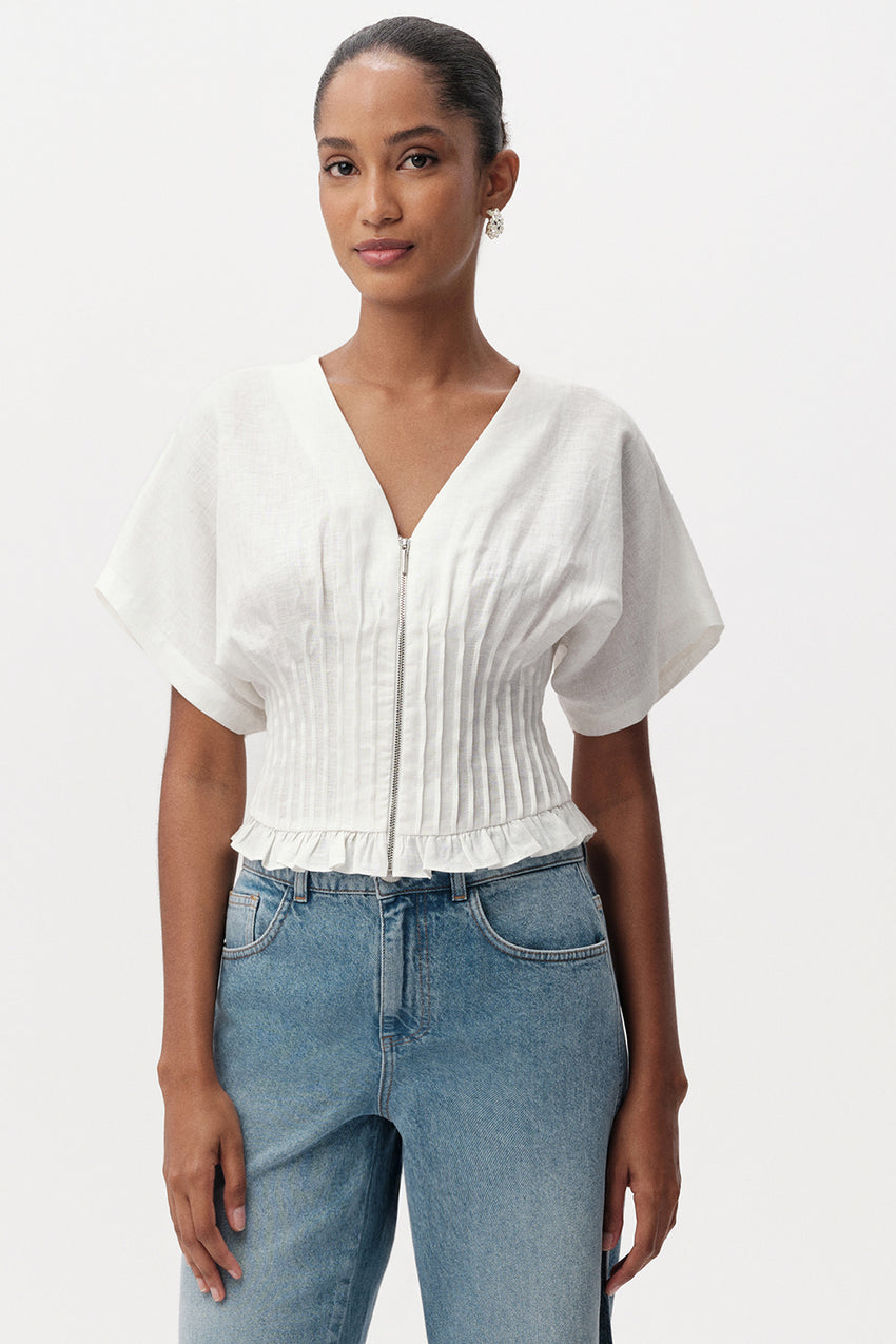 Cherelle Pleated Detail Linen Blouse - WHITE