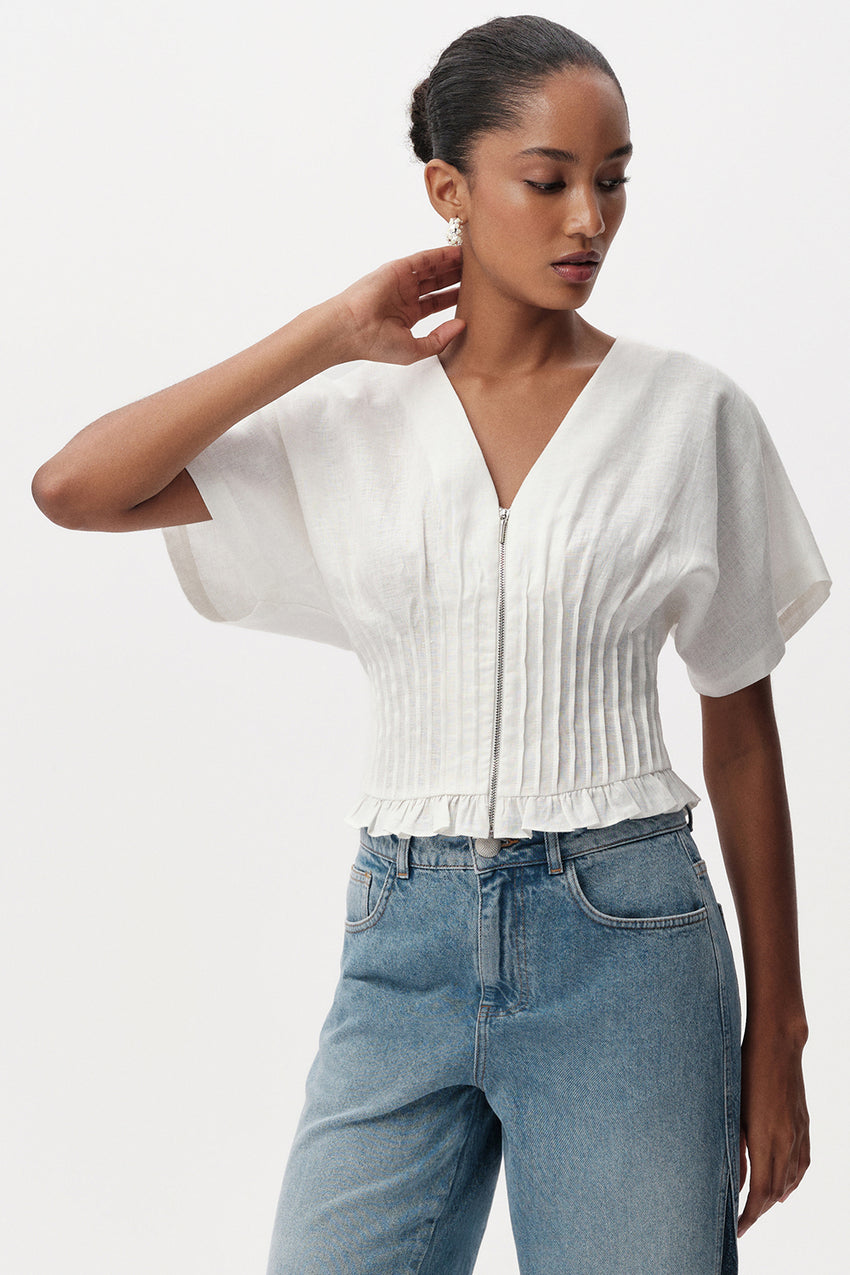 Cherelle Pleated Detail Linen Blouse - WHITE