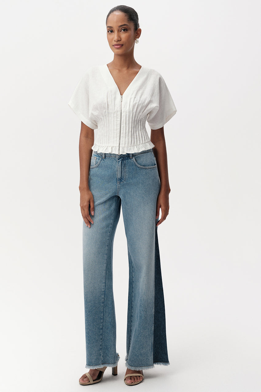 Cherelle Pleated Detail Linen Blouse - WHITE