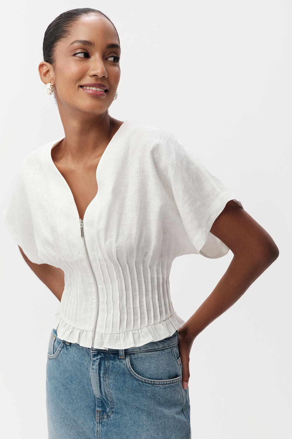 Cherelle Pleated Detail Linen Blouse - White