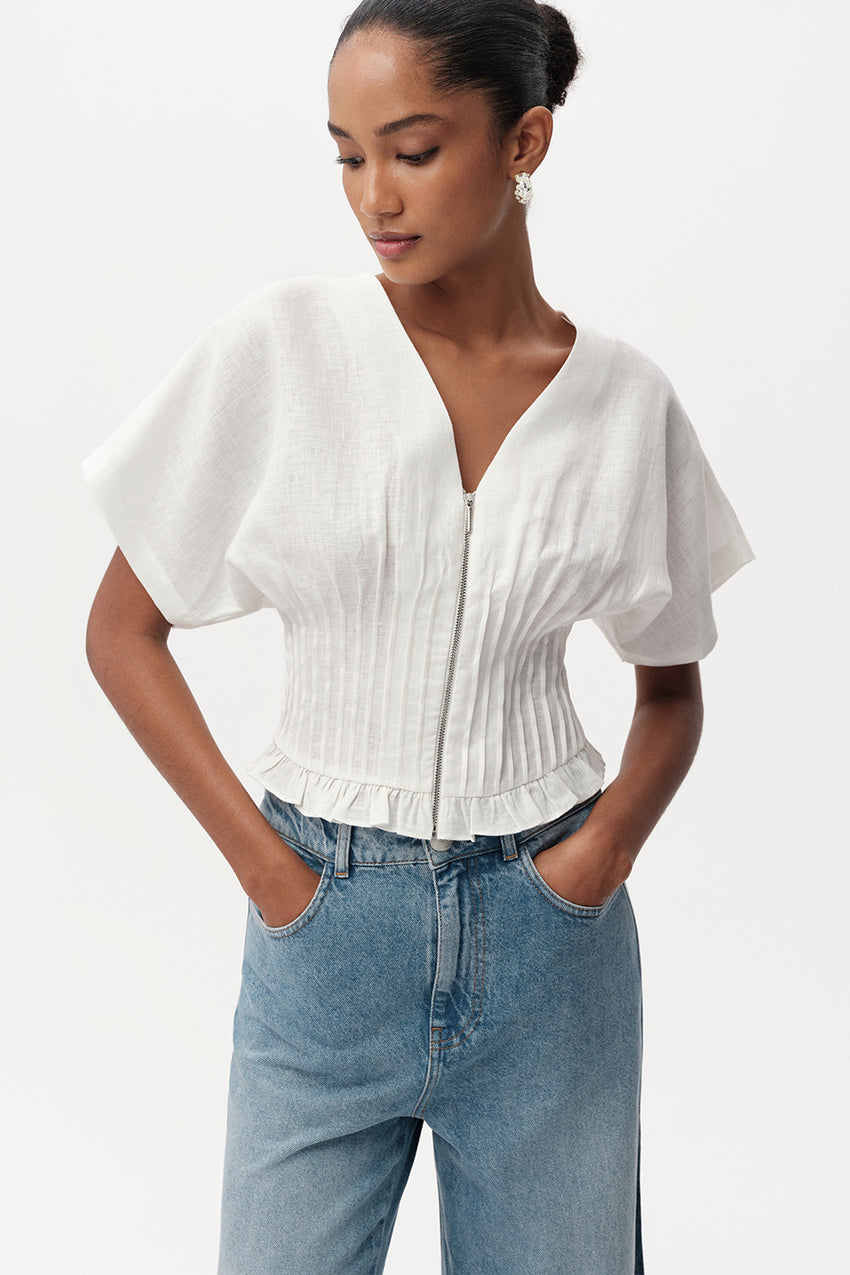 Cherelle Pleated Detail Linen Blouse - WHITE