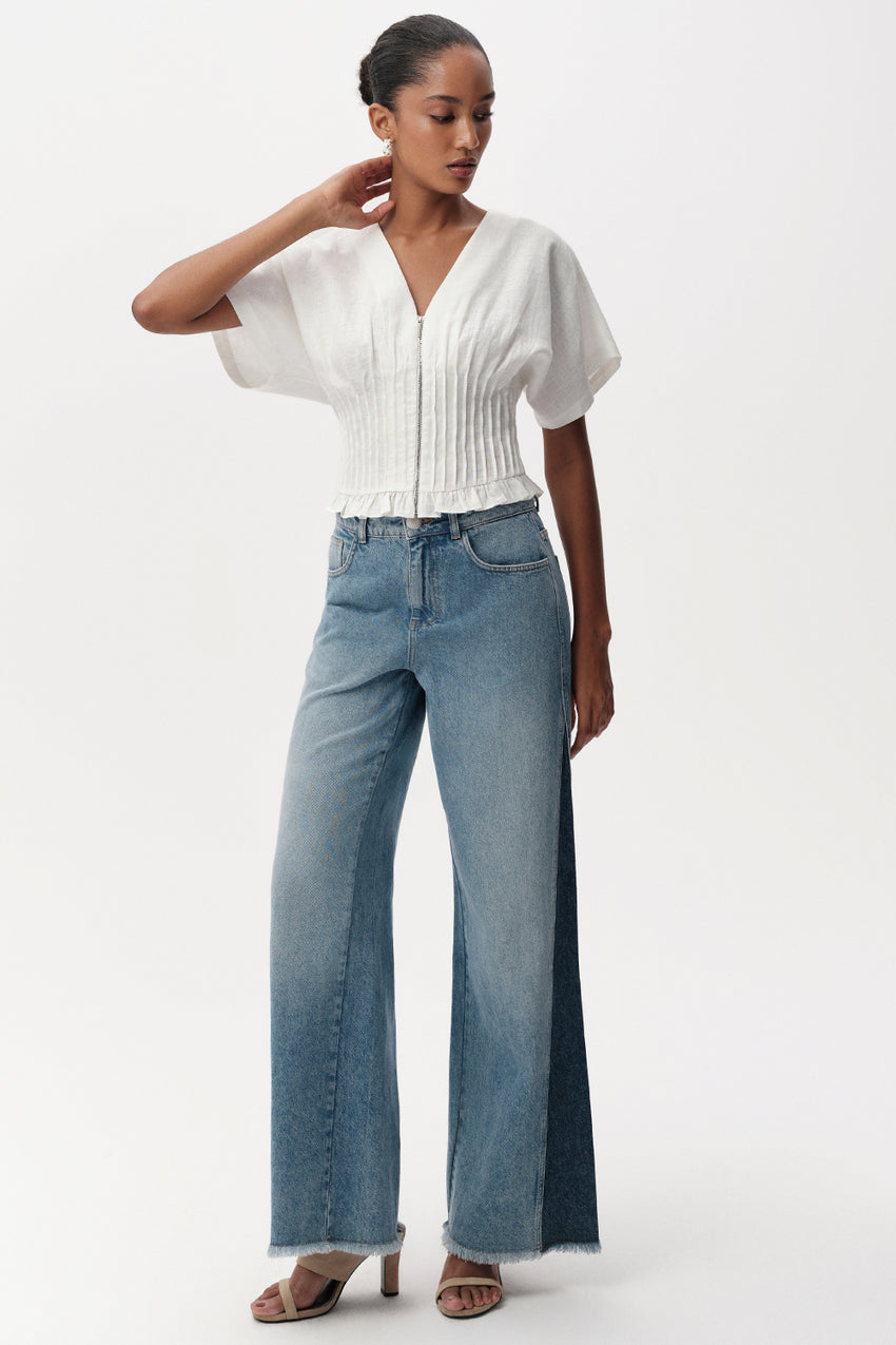 Cherelle Pleated Detail Linen Blouse - WHITE