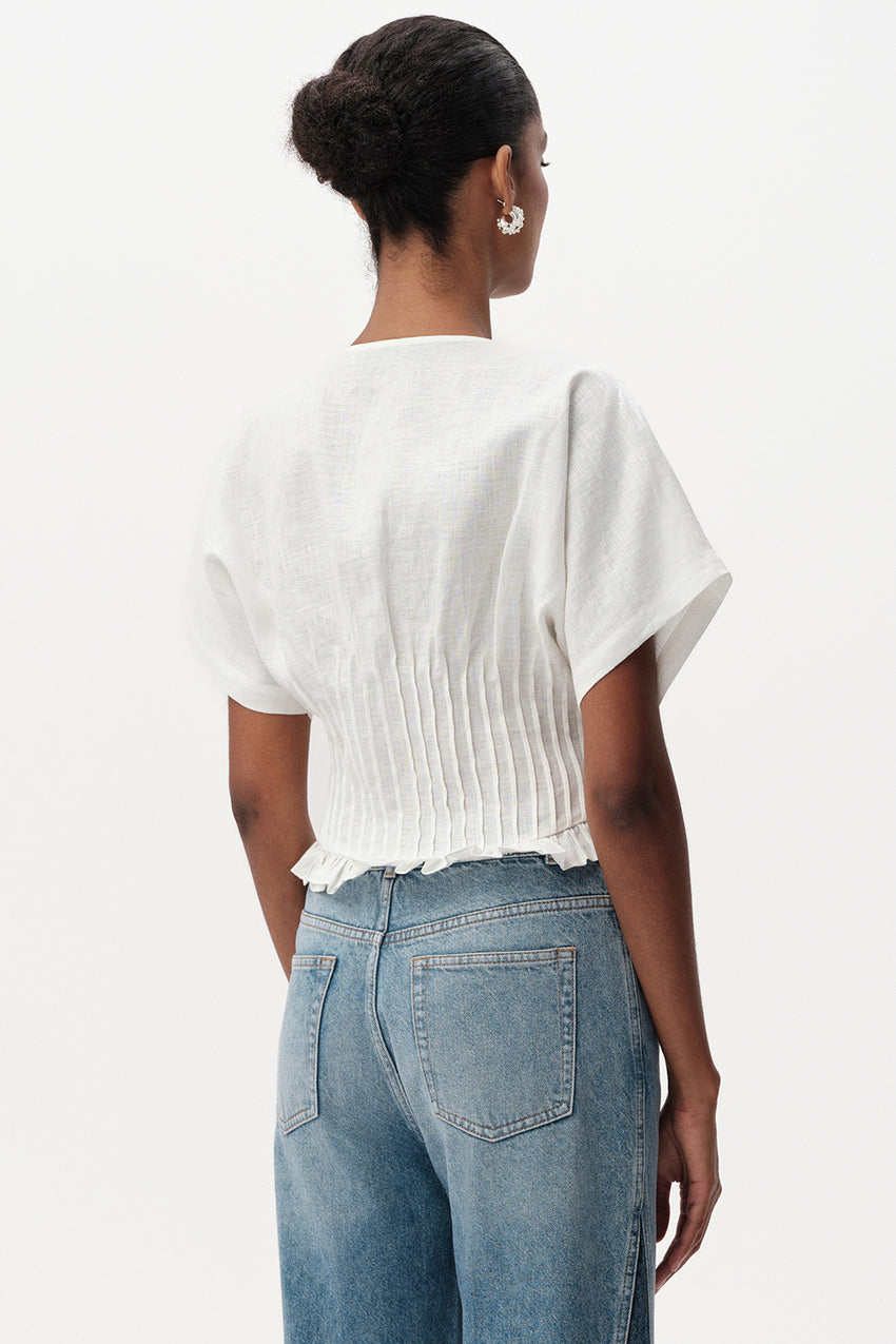 Cherelle Pleated Detail Linen Blouse - WHITE