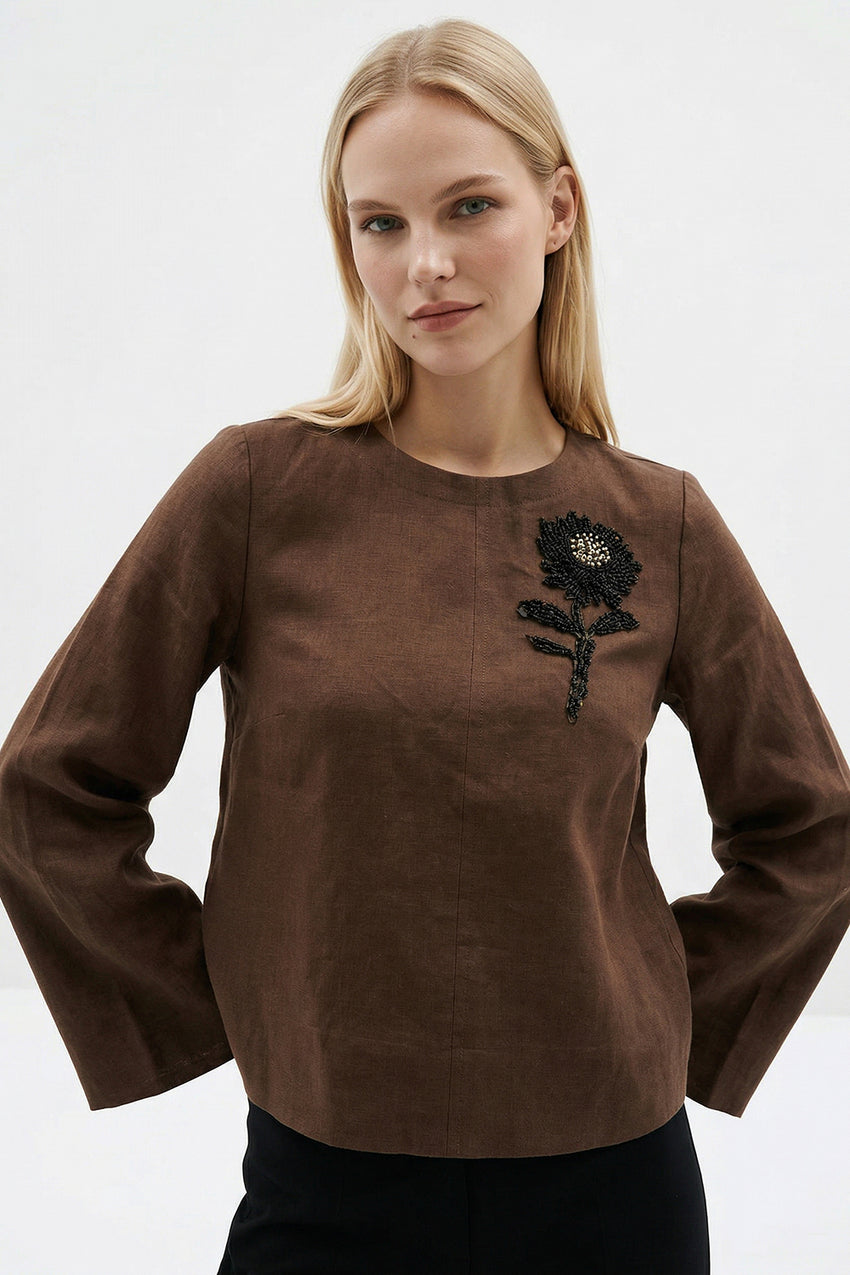 Fifine Long Sleeve Linen Blouse - BROWN