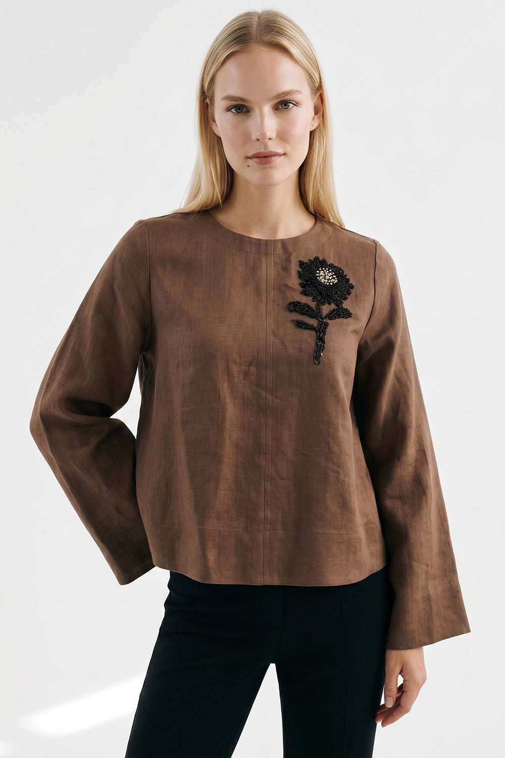Fifine Long Sleeve Linen Blouse - BROWN