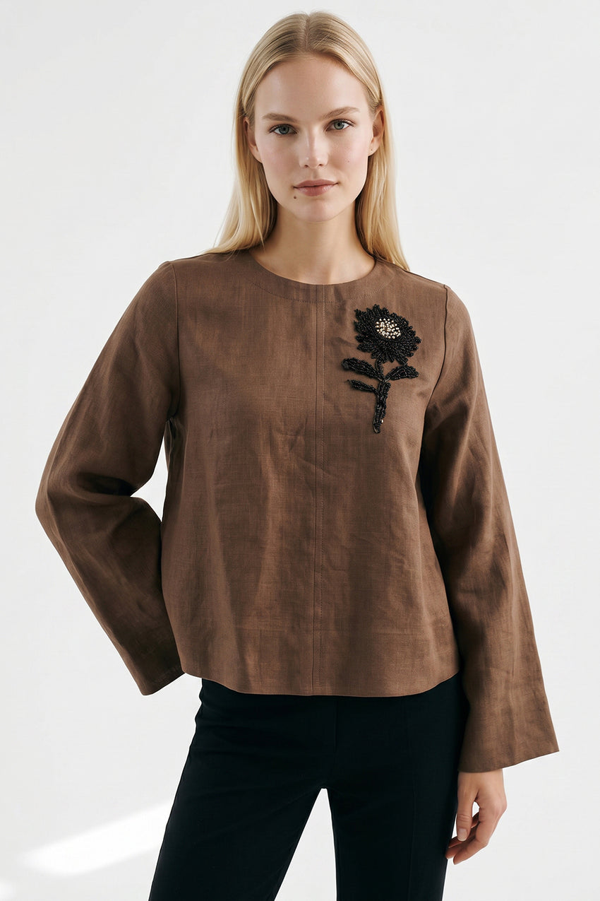 Fifine Long Sleeve Linen Blouse - BROWN