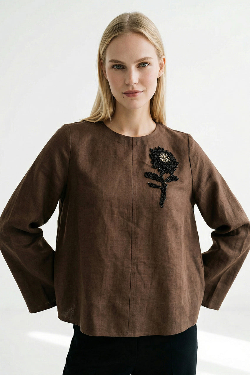 Fifine Long Sleeve Linen Blouse - BROWN