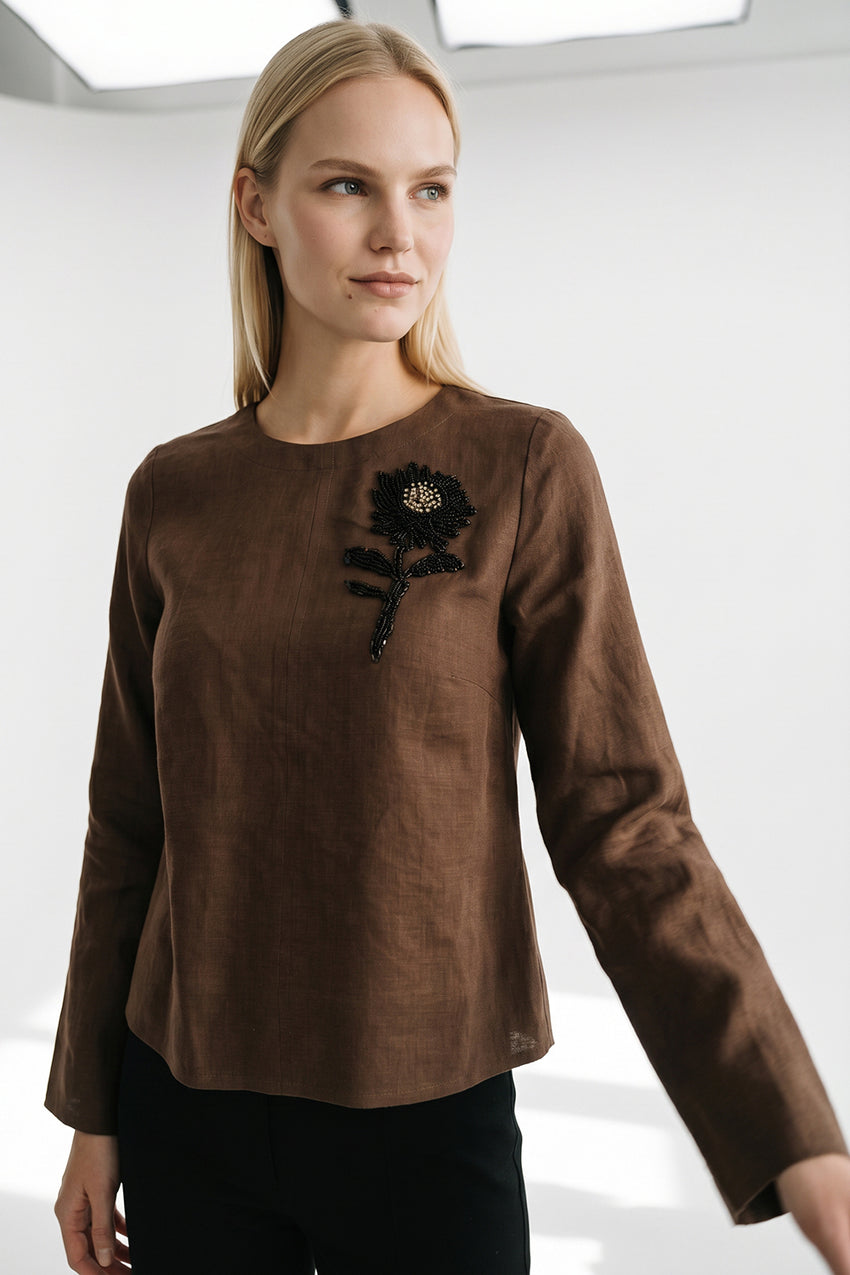 Fifine Long Sleeve Linen Blouse - BROWN