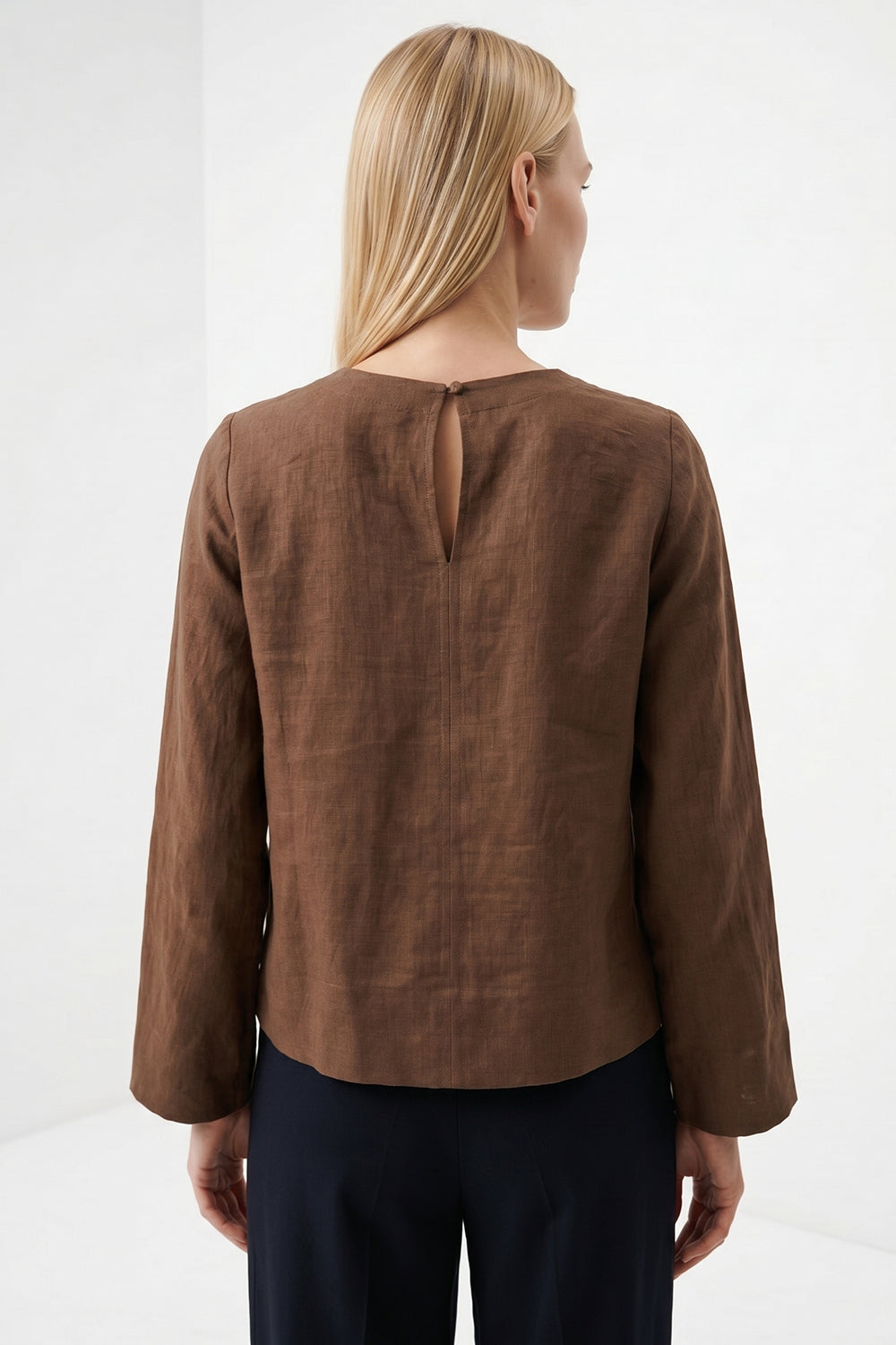 Fifine Long Sleeve Linen Blouse - BROWN