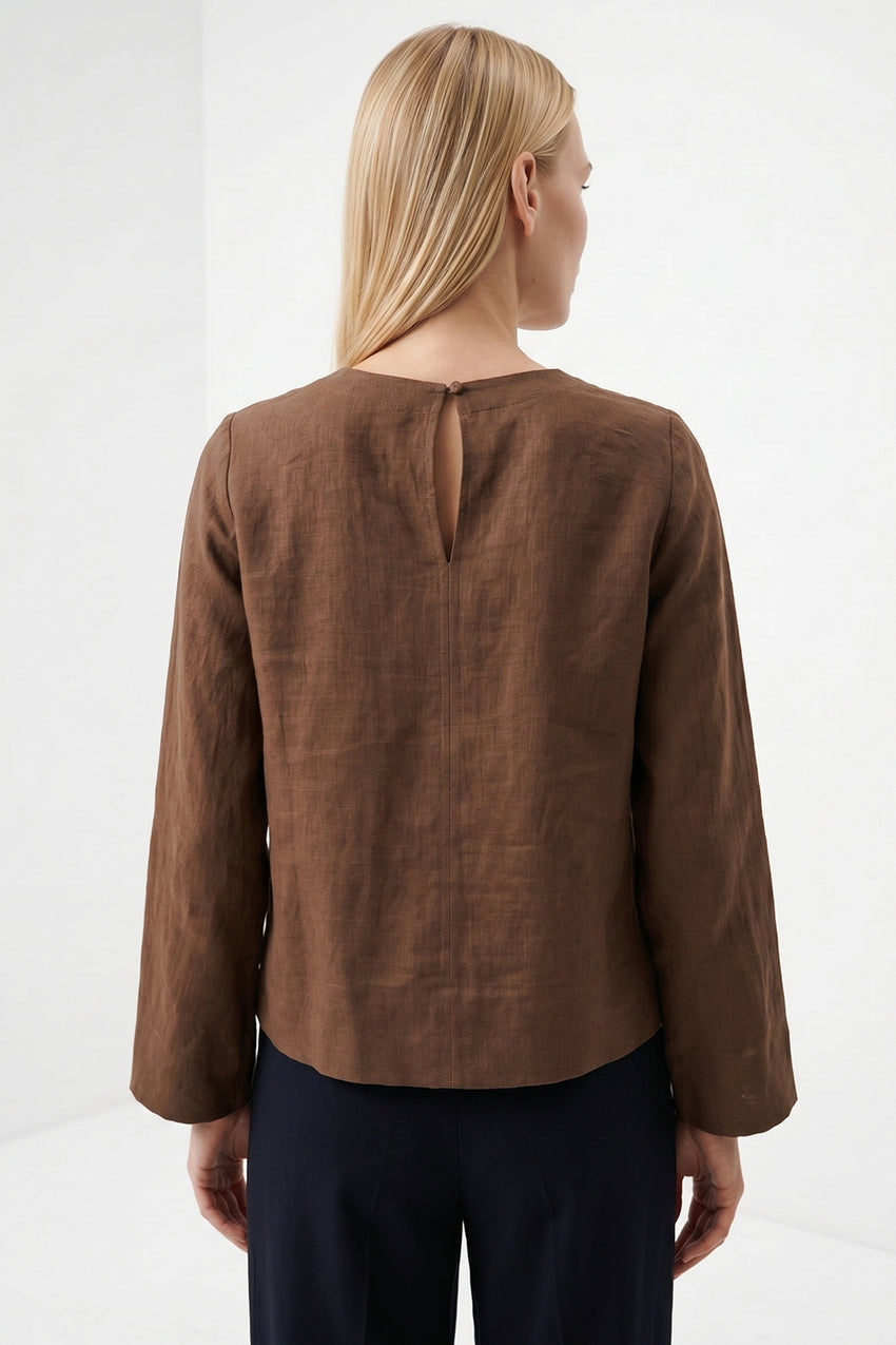 Fifine Long Sleeve Linen Blouse - BROWN