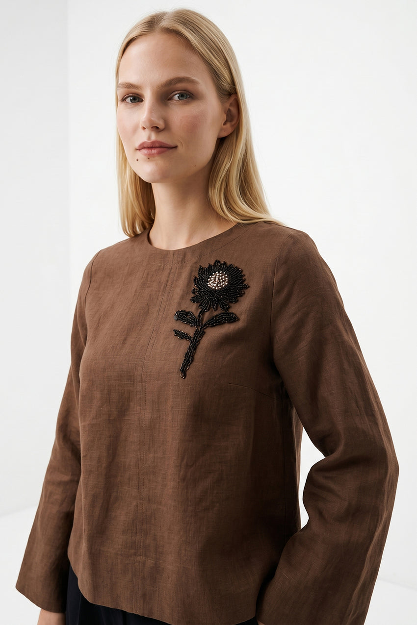 Fifine Long Sleeve Linen Blouse - BROWN